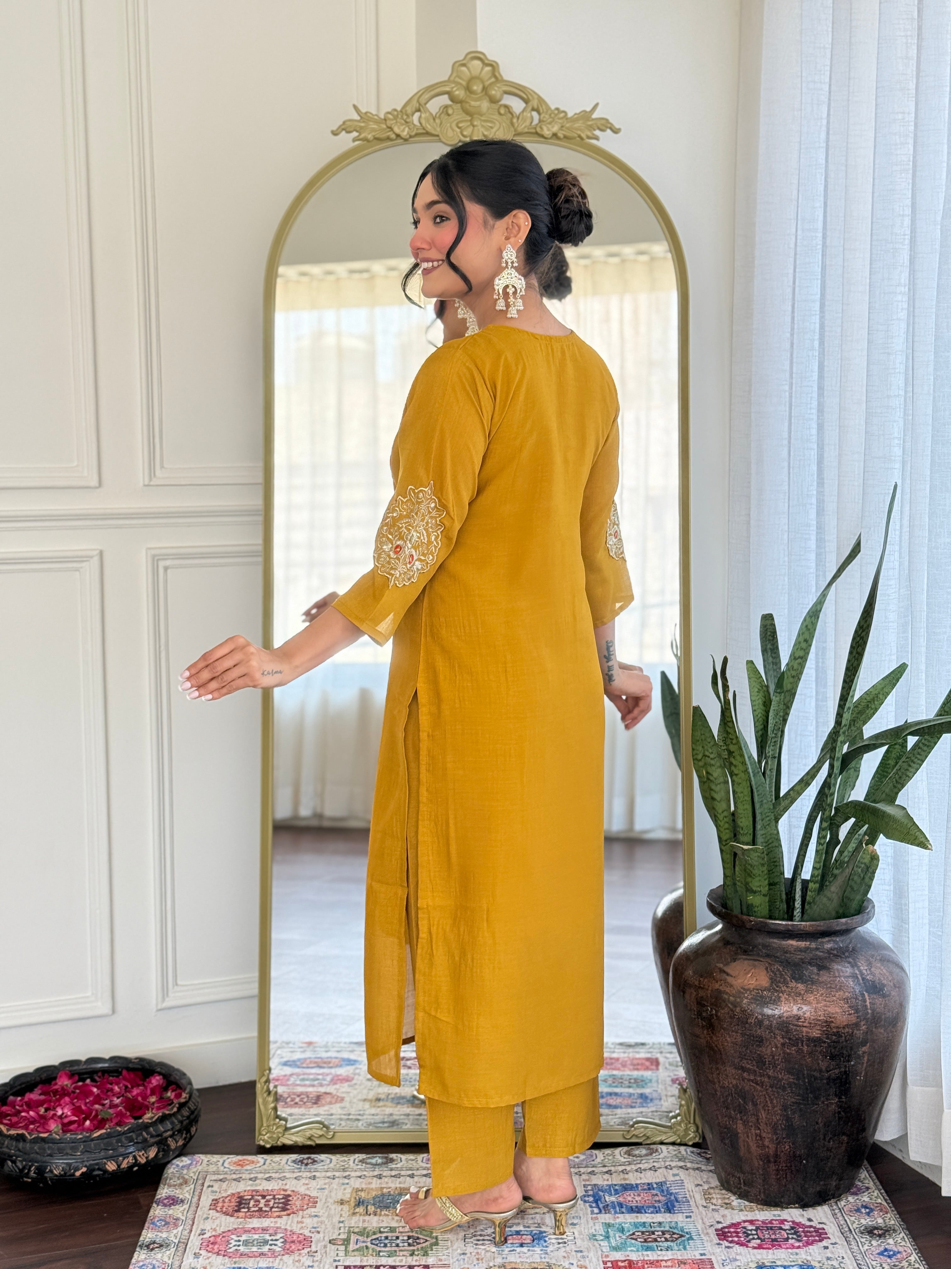 Women’s Mustard Vichitra Silk Stitched Kurta Set with Embroidered Chanderi Dupatta