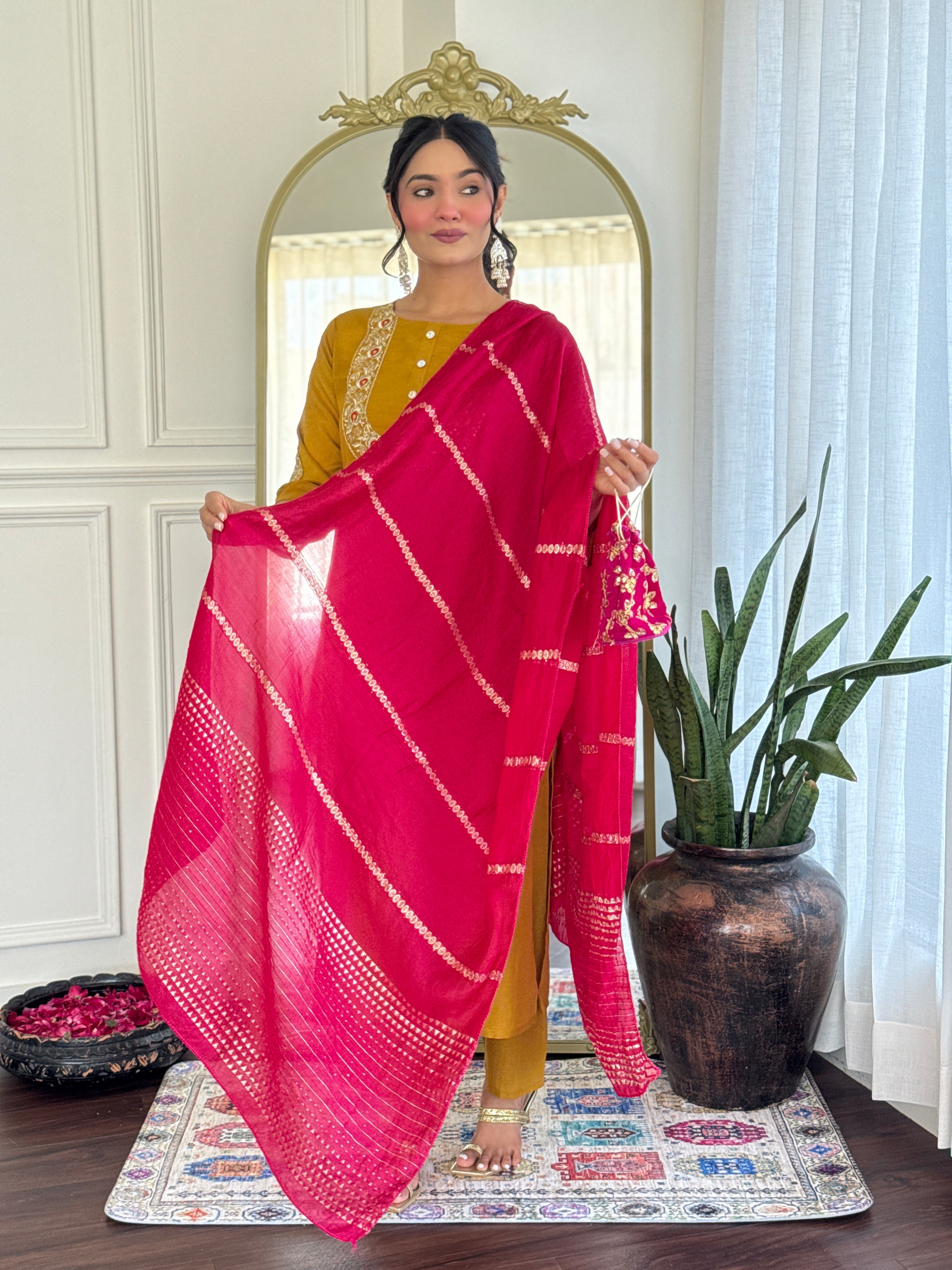 Women’s Mustard Vichitra Silk Stitched Kurta Set with Embroidered Chanderi Dupatta