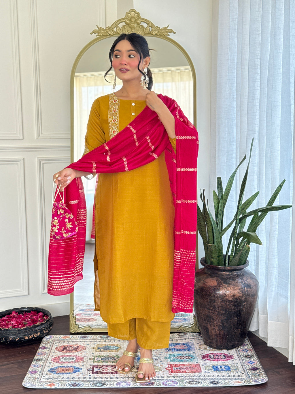 Women’s Mustard Vichitra Silk Stitched Kurta Set with Embroidered Chanderi Dupatta