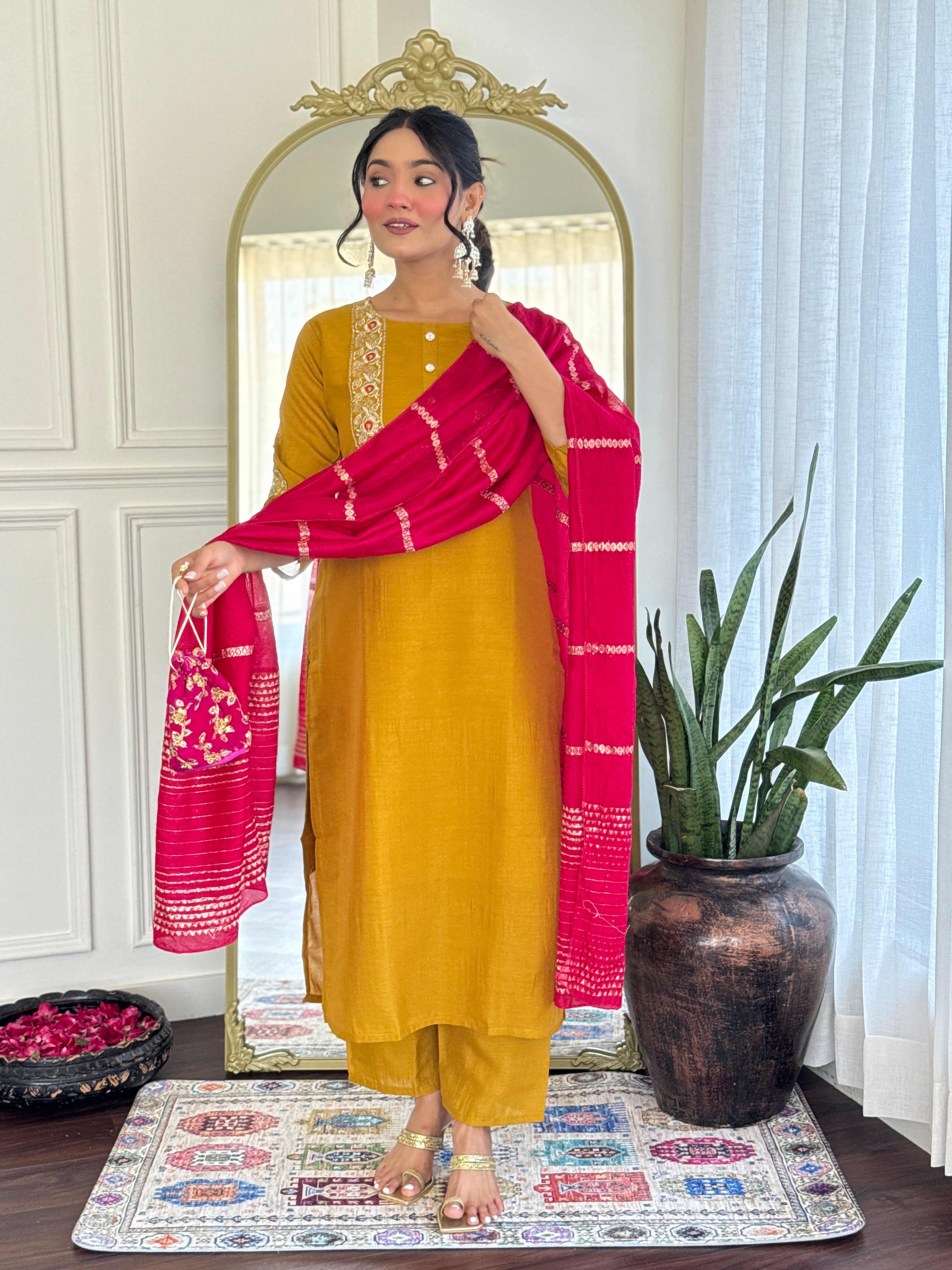 Women’s Mustard Vichitra Silk Stitched Kurta Set with Embroidered Chanderi Dupatta