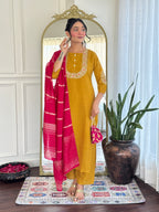 Women’s Mustard Vichitra Silk Stitched Kurta Set with Embroidered Chanderi Dupatta
