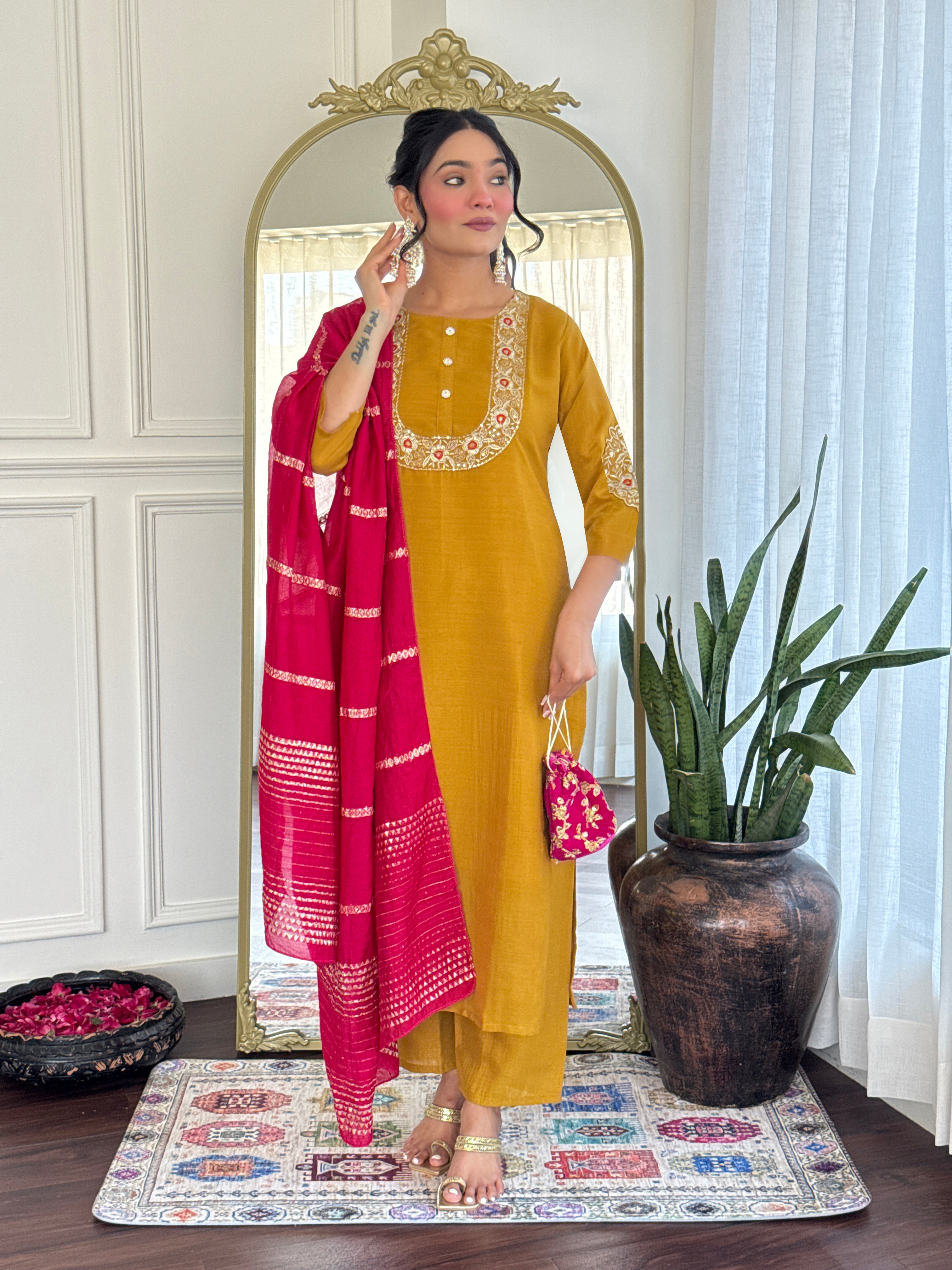 Women’s Mustard Vichitra Silk Stitched Kurta Set with Embroidered Chanderi Dupatta