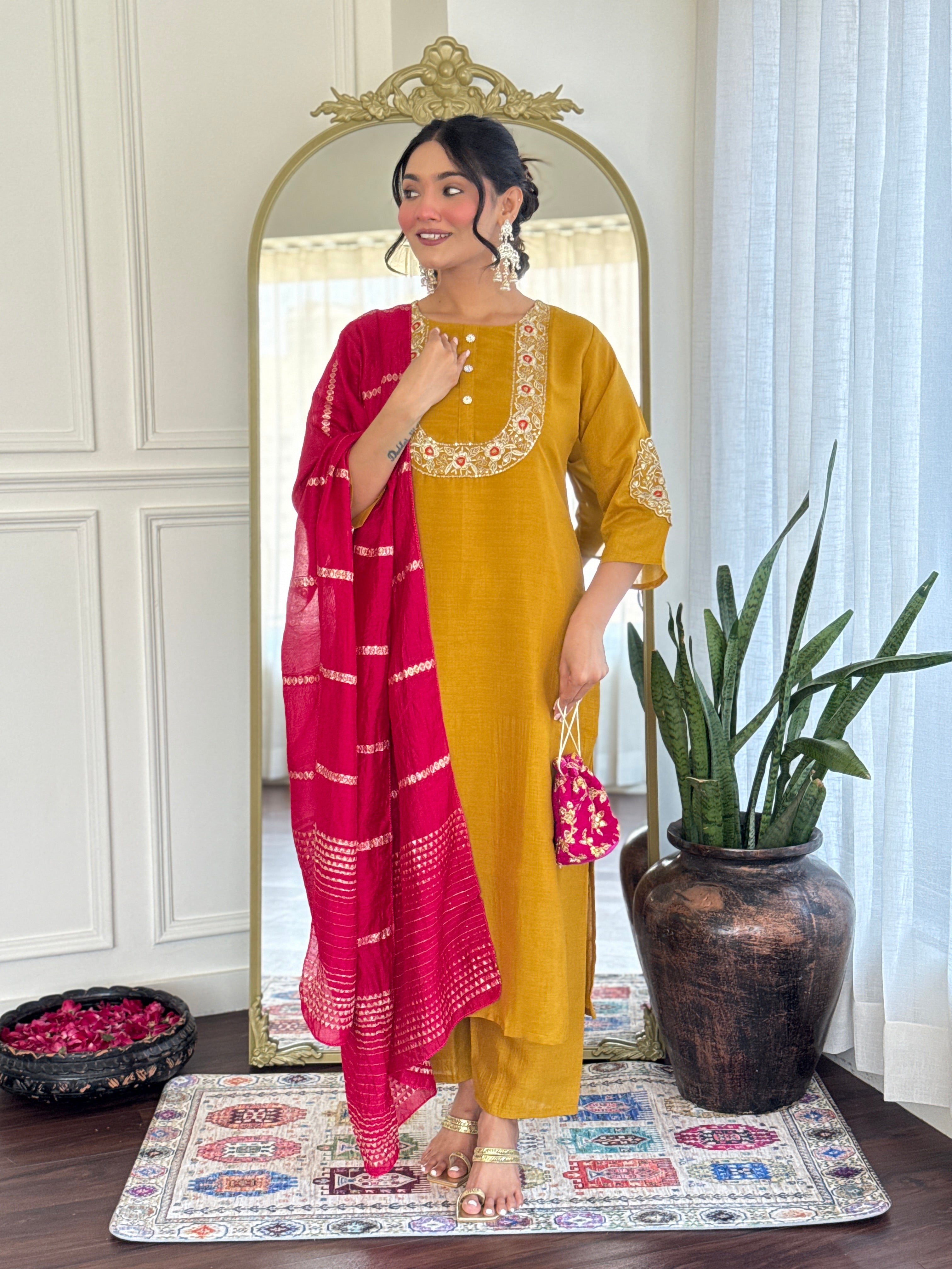 Women’s Mustard Vichitra Silk Stitched Kurta Set with Embroidered Chanderi Dupatta