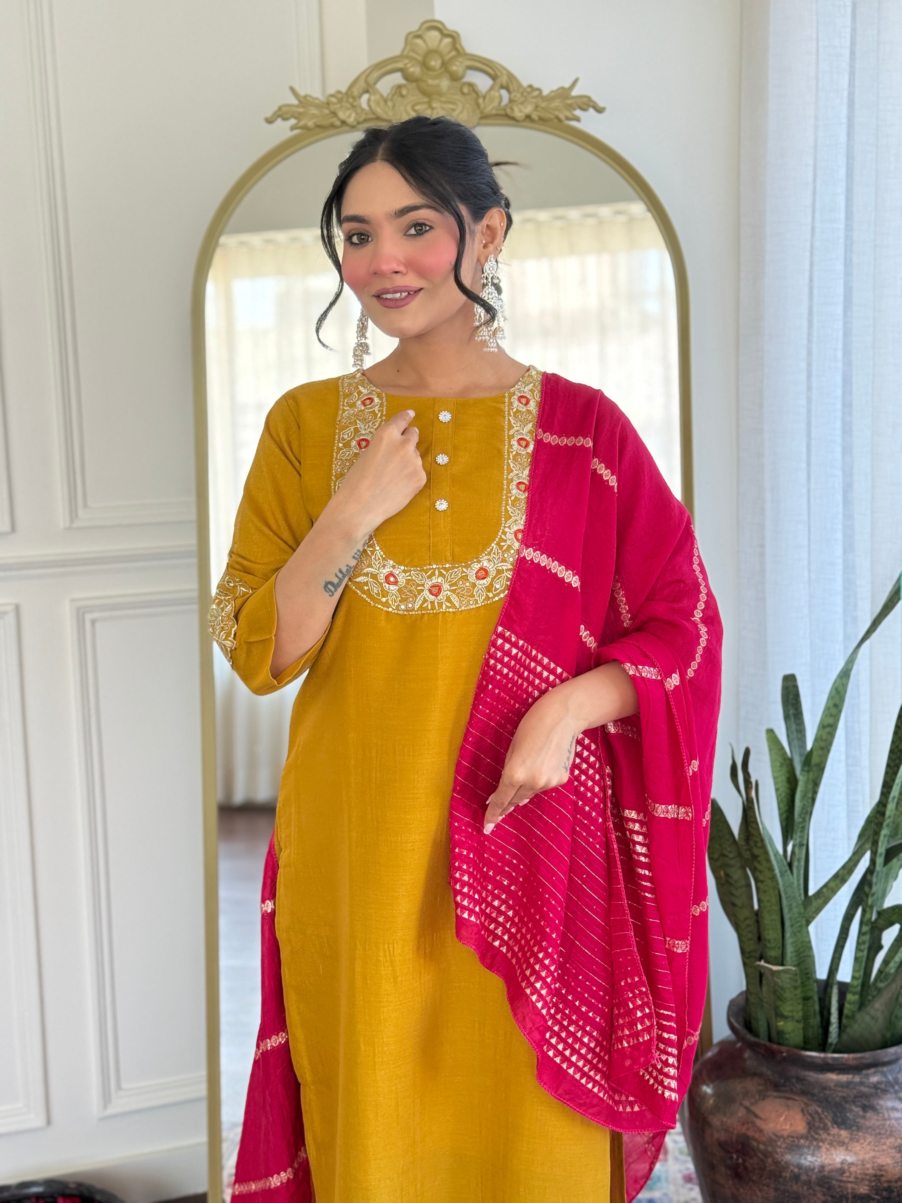 Women’s Mustard Vichitra Silk Stitched Kurta Set with Embroidered Chanderi Dupatta