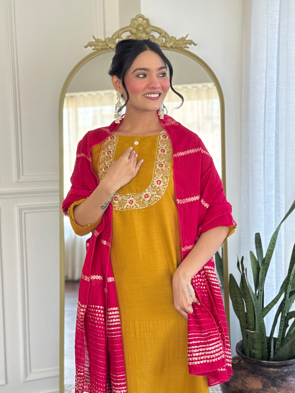 Women’s Mustard Vichitra Silk Stitched Kurta Set with Embroidered Chanderi Dupatta
