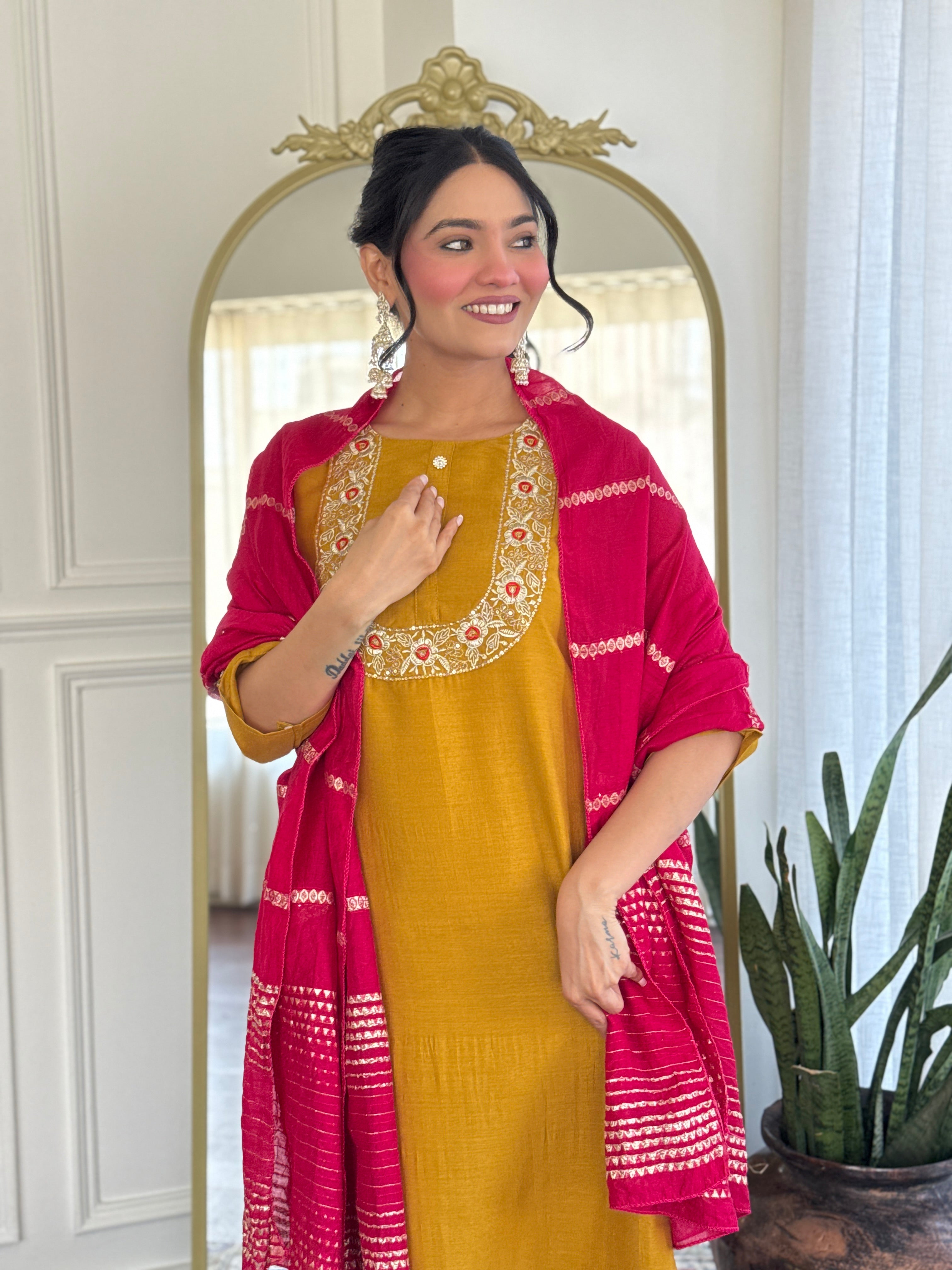 Women’s Mustard Vichitra Silk Stitched Kurta Set with Embroidered Chanderi Dupatta