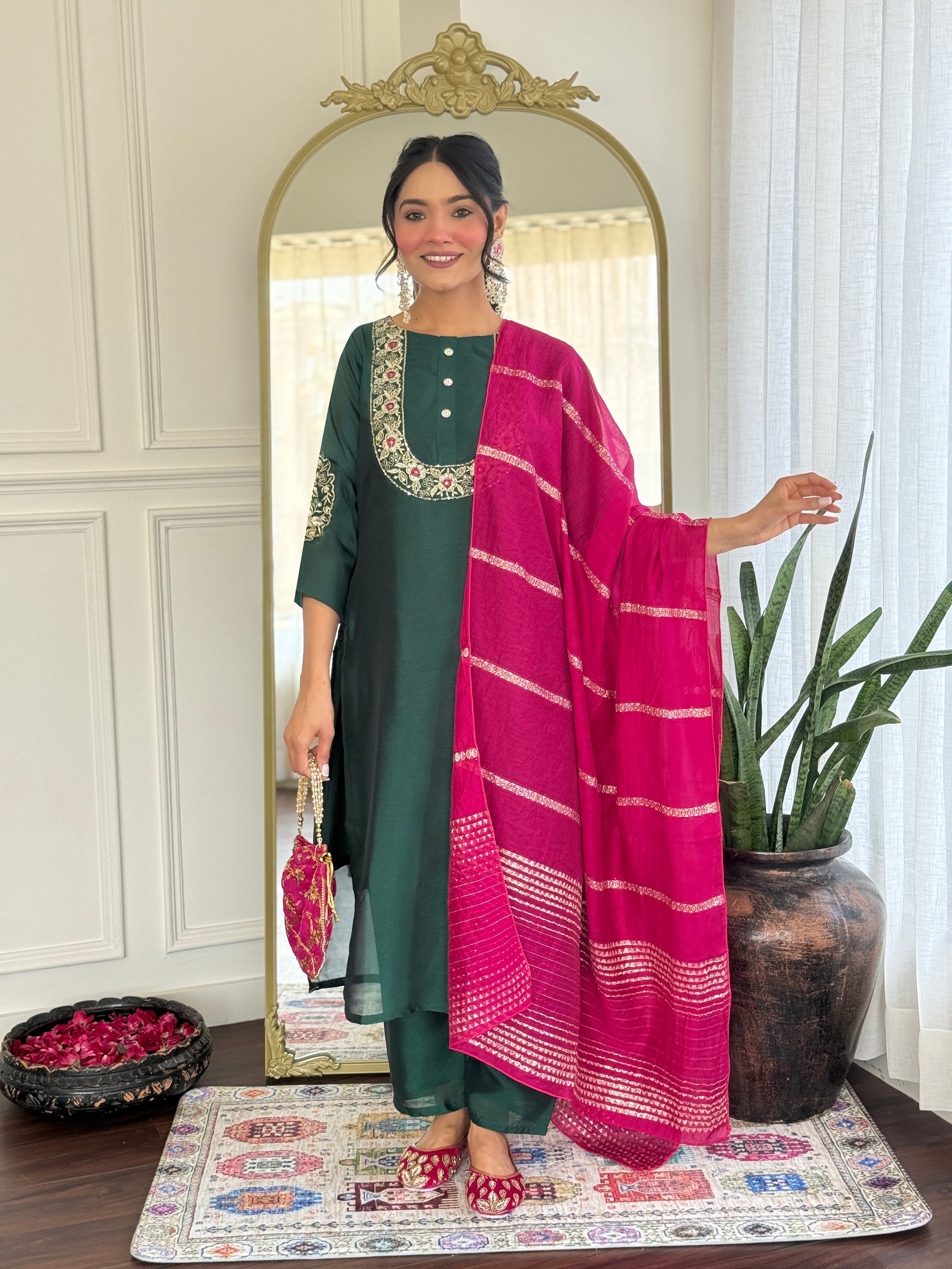 Women’s Rama Mustard Vichitra Silk Stitched Kurta Set with Embroidered Chanderi Dupatta