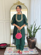 Women’s Rama Mustard Vichitra Silk Stitched Kurta Set with Embroidered Chanderi Dupatta