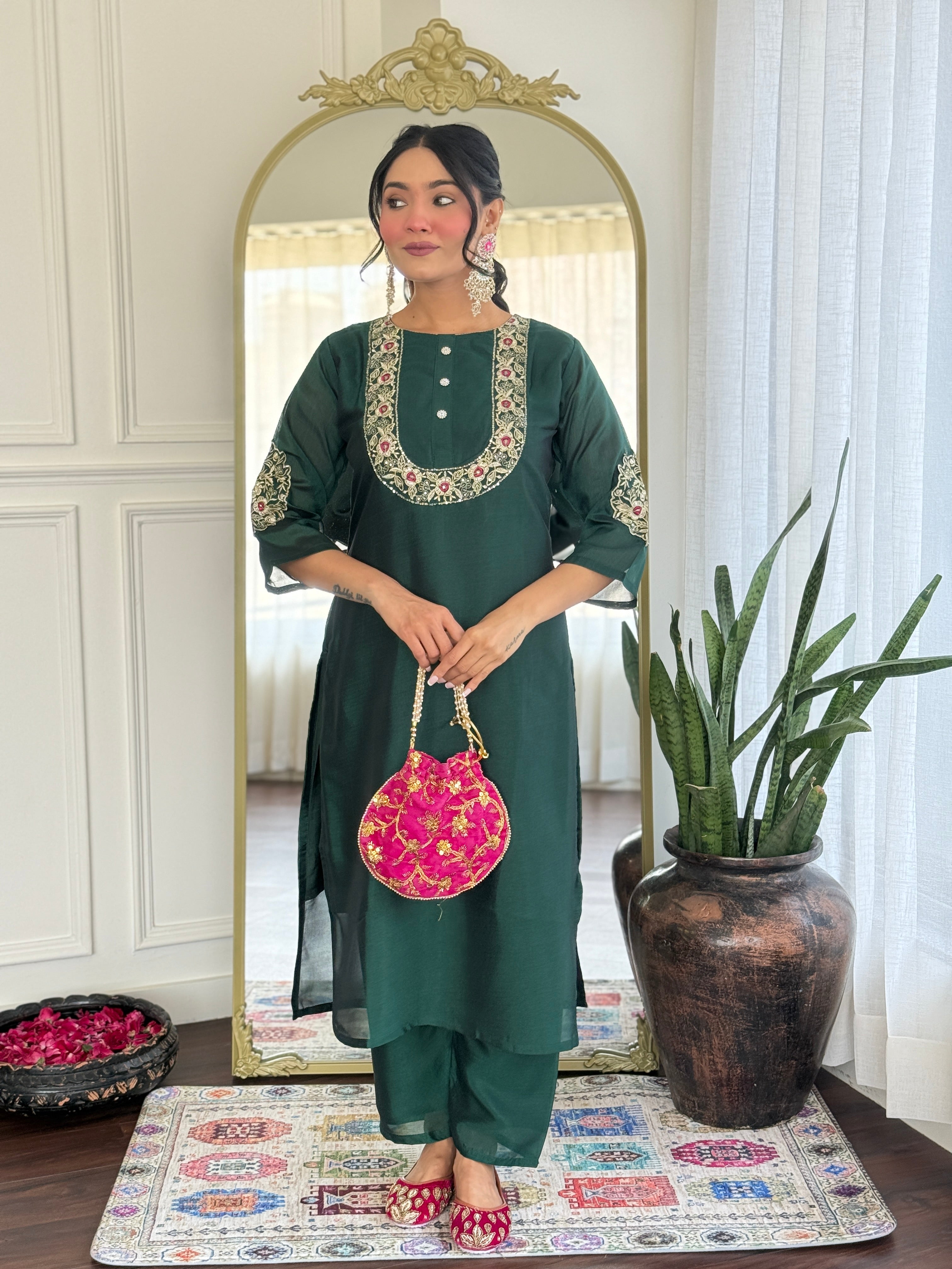 Women’s Rama Mustard Vichitra Silk Stitched Kurta Set with Embroidered Chanderi Dupatta