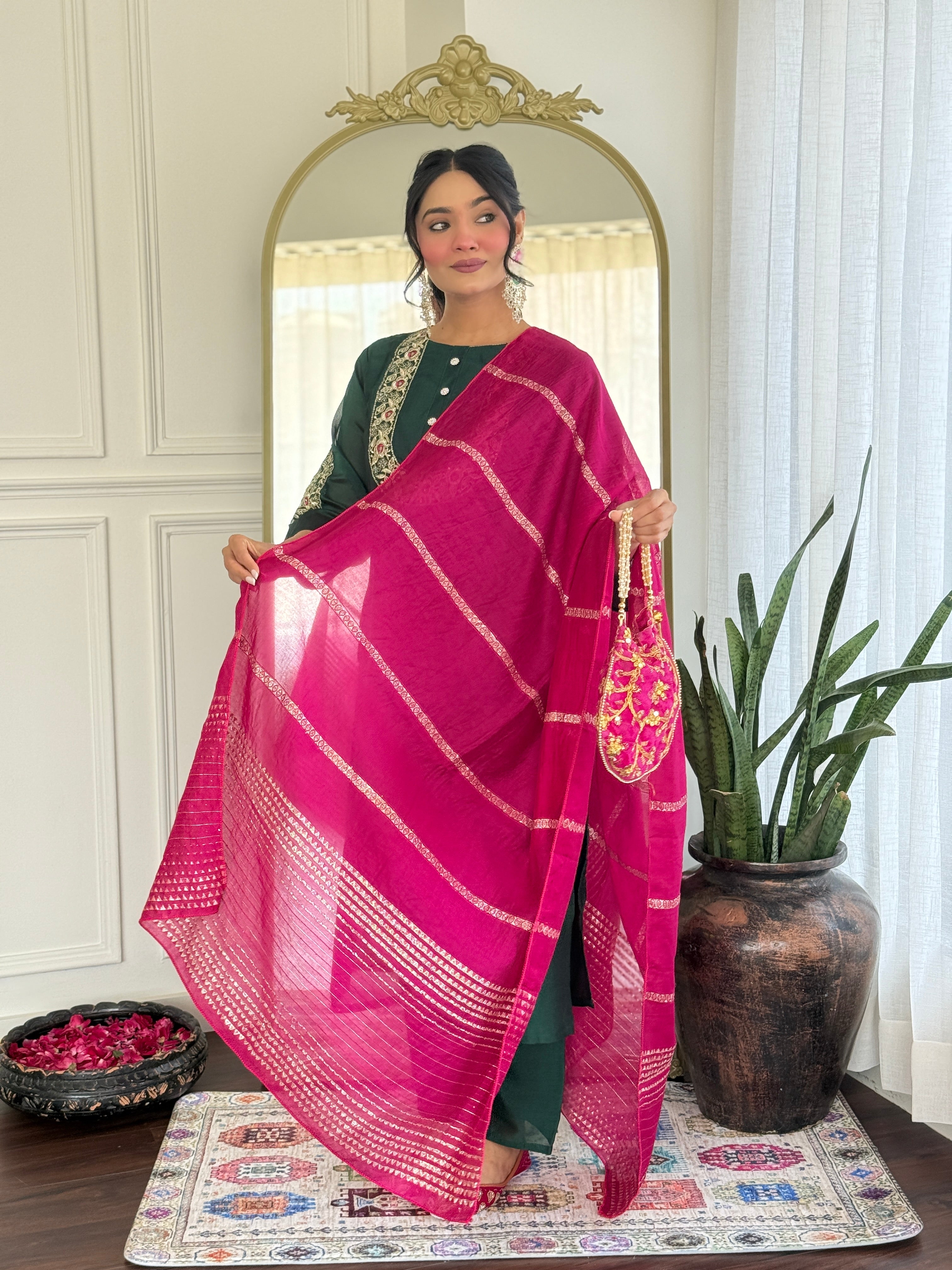 Women’s Rama Mustard Vichitra Silk Stitched Kurta Set with Embroidered Chanderi Dupatta