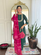 Women’s Rama Mustard Vichitra Silk Stitched Kurta Set with Embroidered Chanderi Dupatta