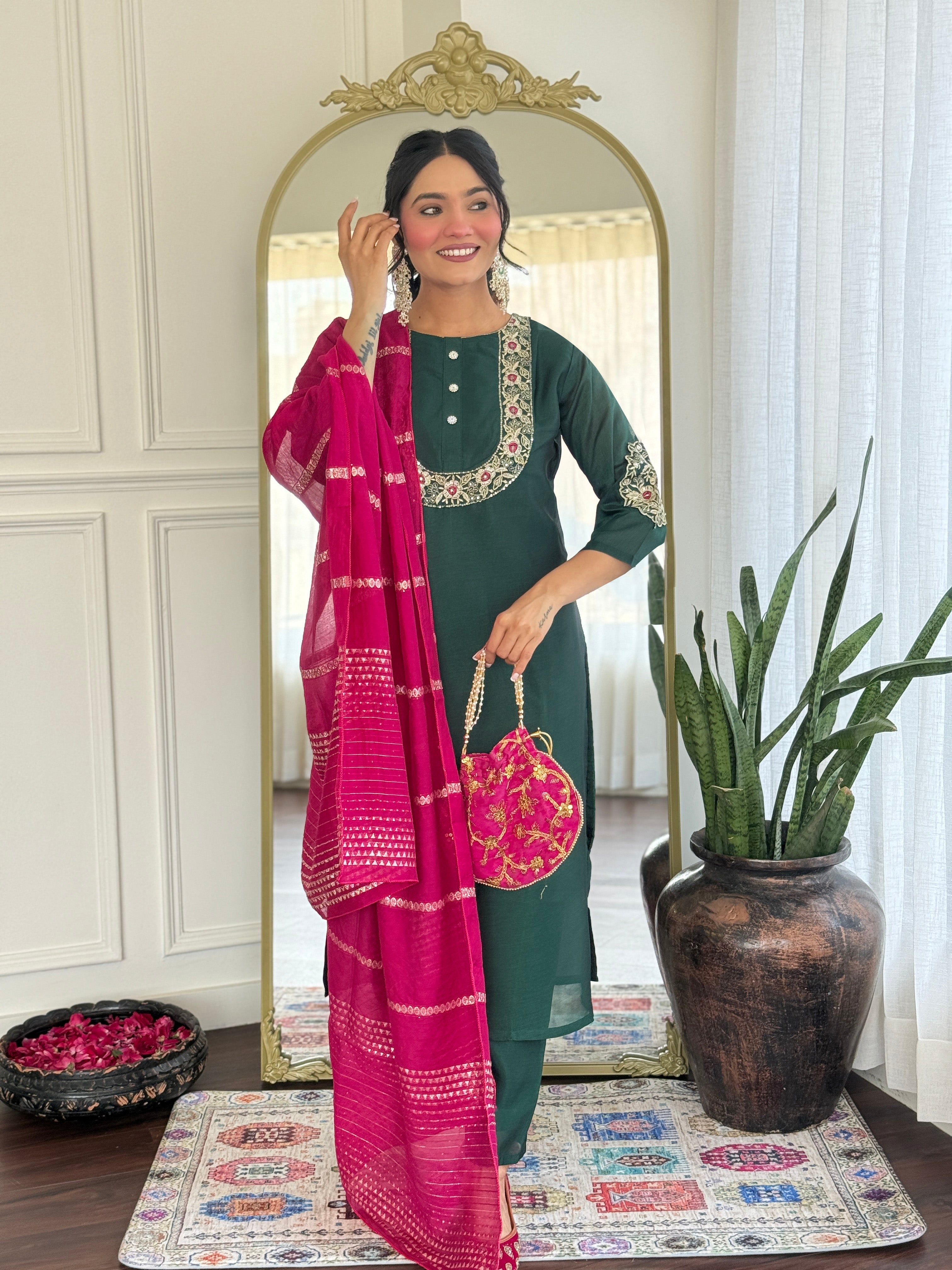 Women’s Rama Mustard Vichitra Silk Stitched Kurta Set with Embroidered Chanderi Dupatta
