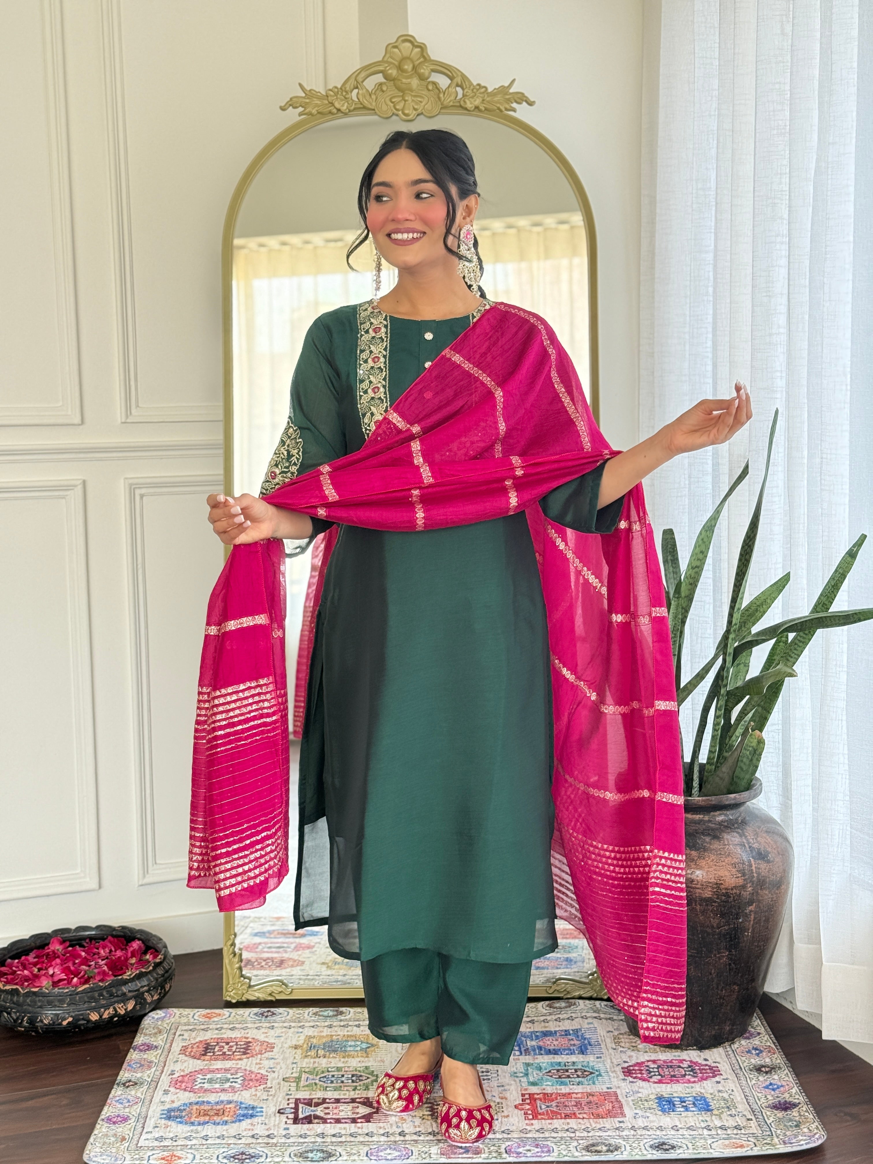 Women’s Rama Mustard Vichitra Silk Stitched Kurta Set with Embroidered Chanderi Dupatta