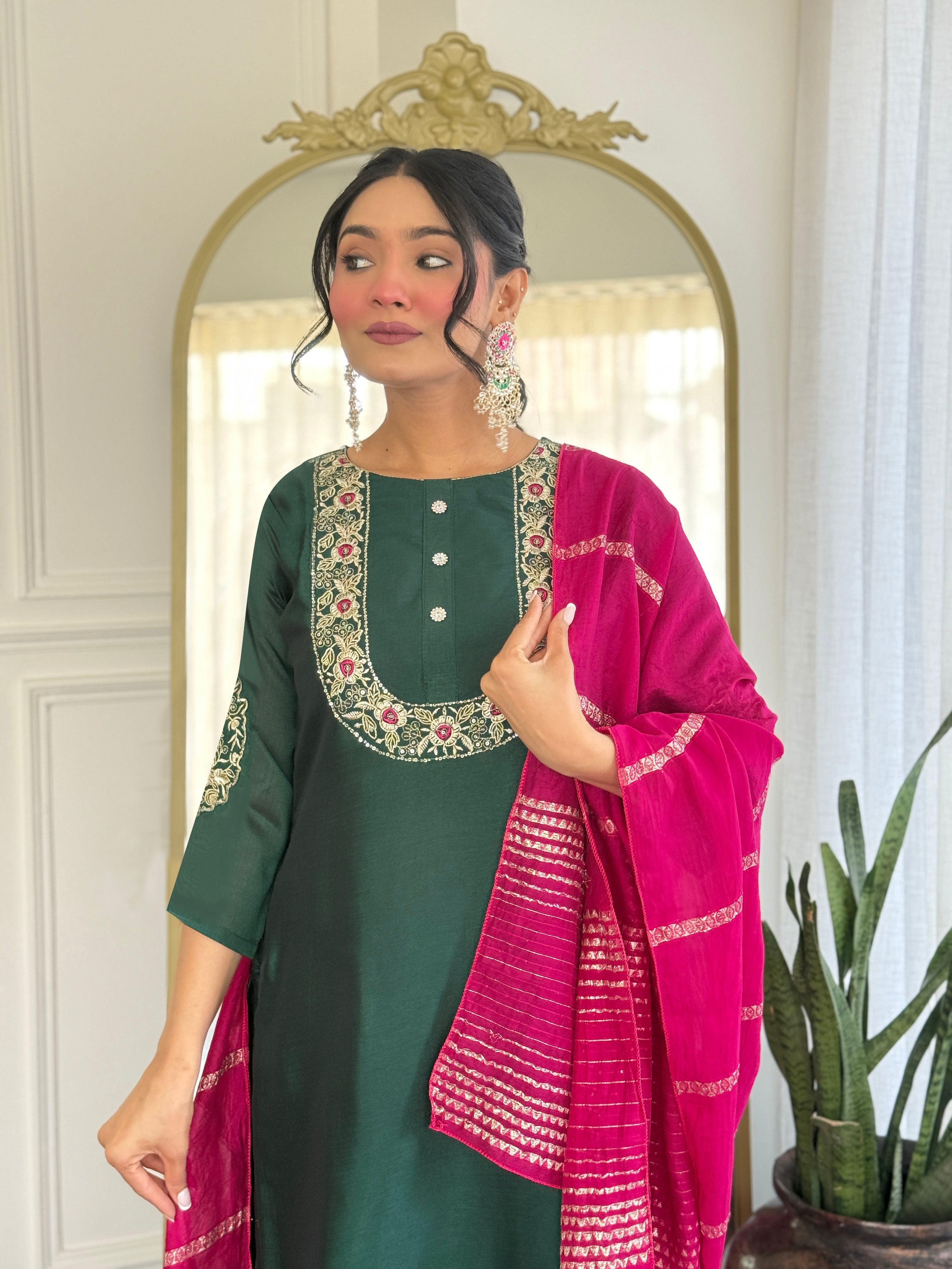 Women’s Rama Mustard Vichitra Silk Stitched Kurta Set with Embroidered Chanderi Dupatta