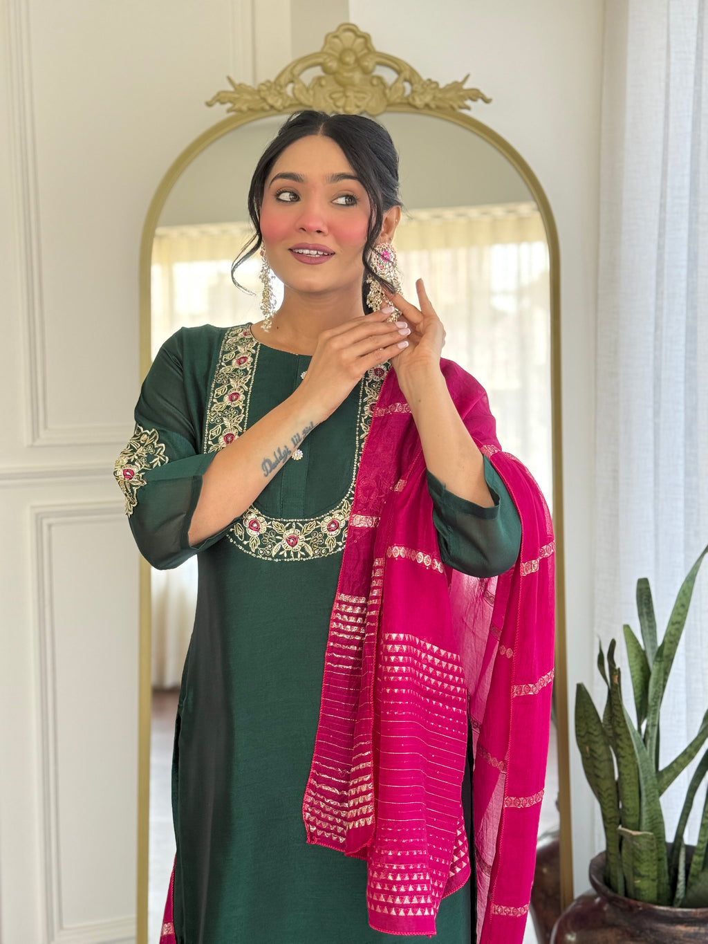 Women’s Rama Mustard Vichitra Silk Stitched Kurta Set with Embroidered Chanderi Dupatta