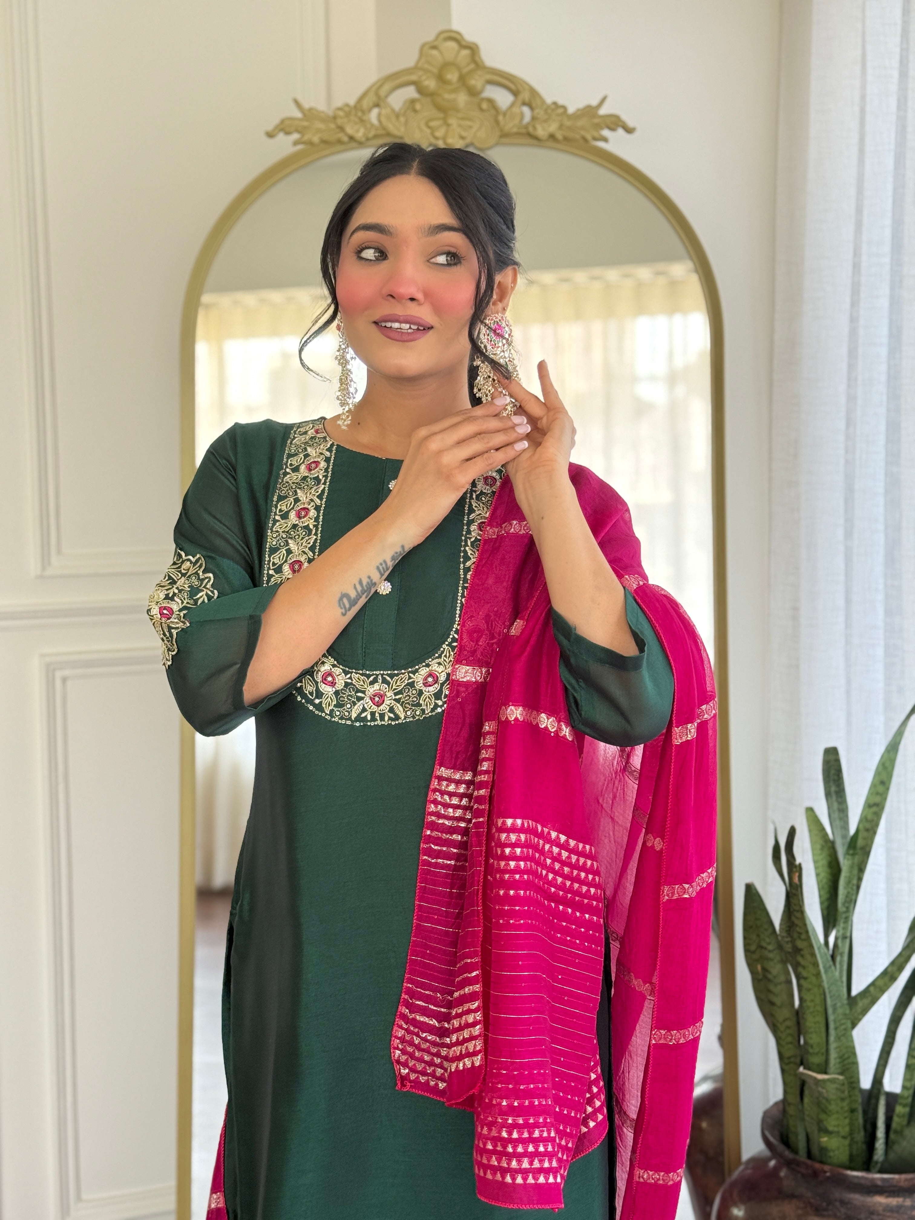 Women’s Rama Mustard Vichitra Silk Stitched Kurta Set with Embroidered Chanderi Dupatta
