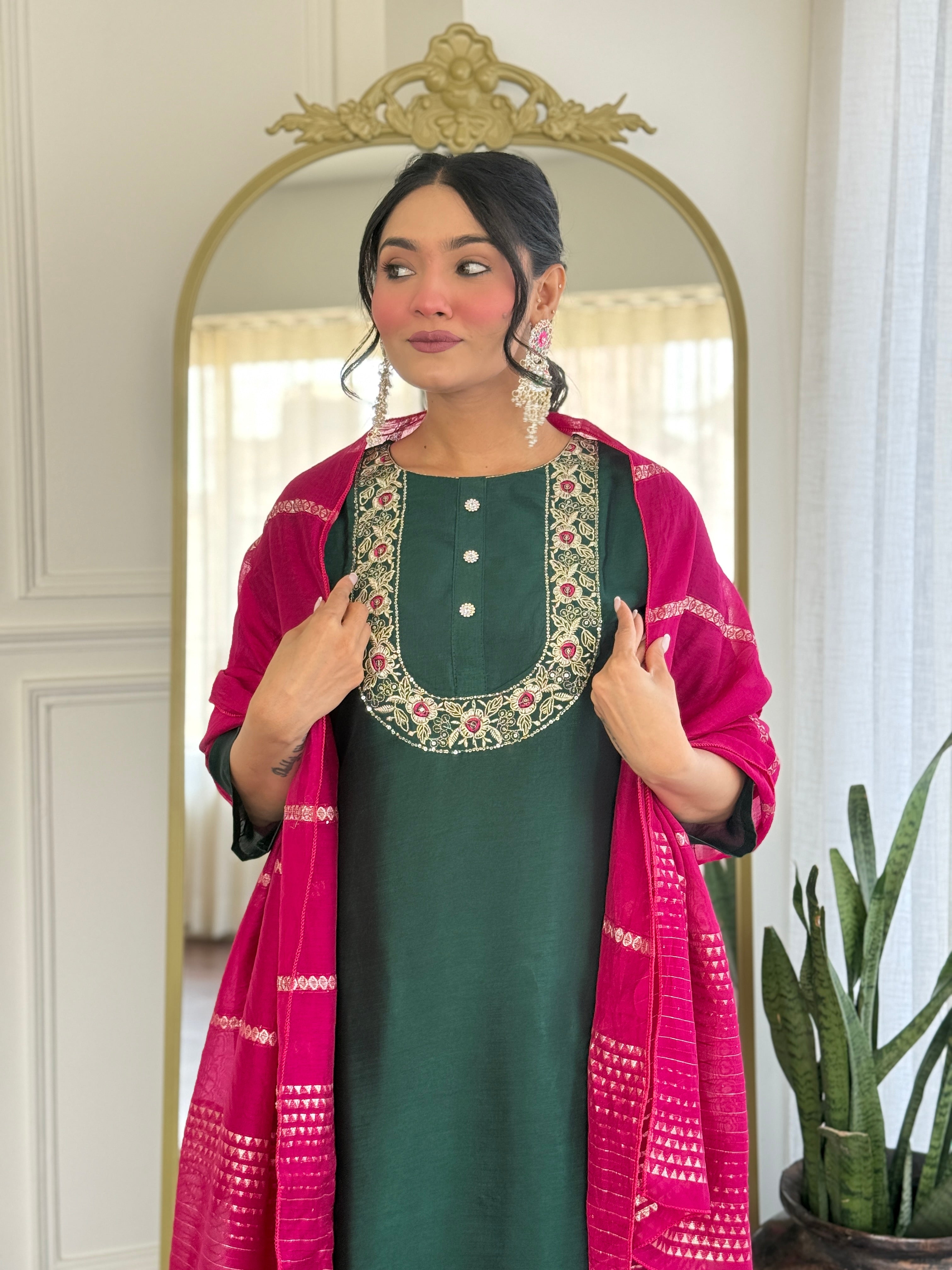 Women’s Rama Mustard Vichitra Silk Stitched Kurta Set with Embroidered Chanderi Dupatta