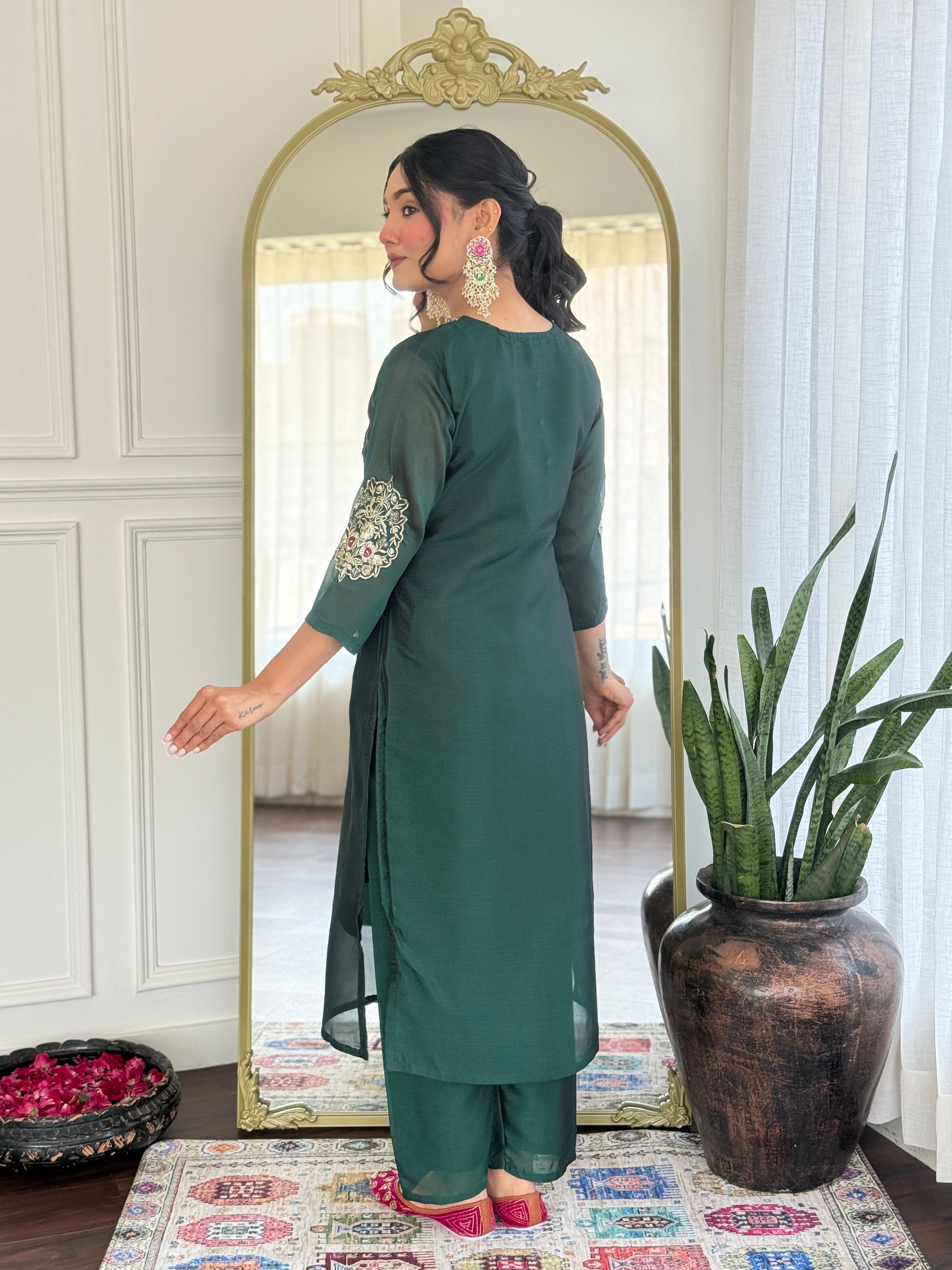 Women’s Rama Mustard Vichitra Silk Stitched Kurta Set with Embroidered Chanderi Dupatta