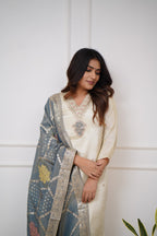 Women’s Off White Designer Chanderi Silk Kurta Set with Fine Embroidery