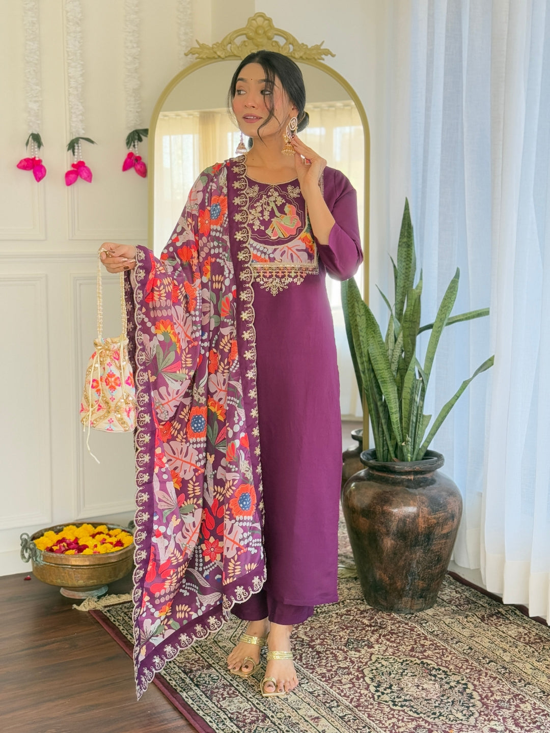 Women’s Purple Pure Viscose Chanderi Kurta Set with Sequin & Coding Embroidery