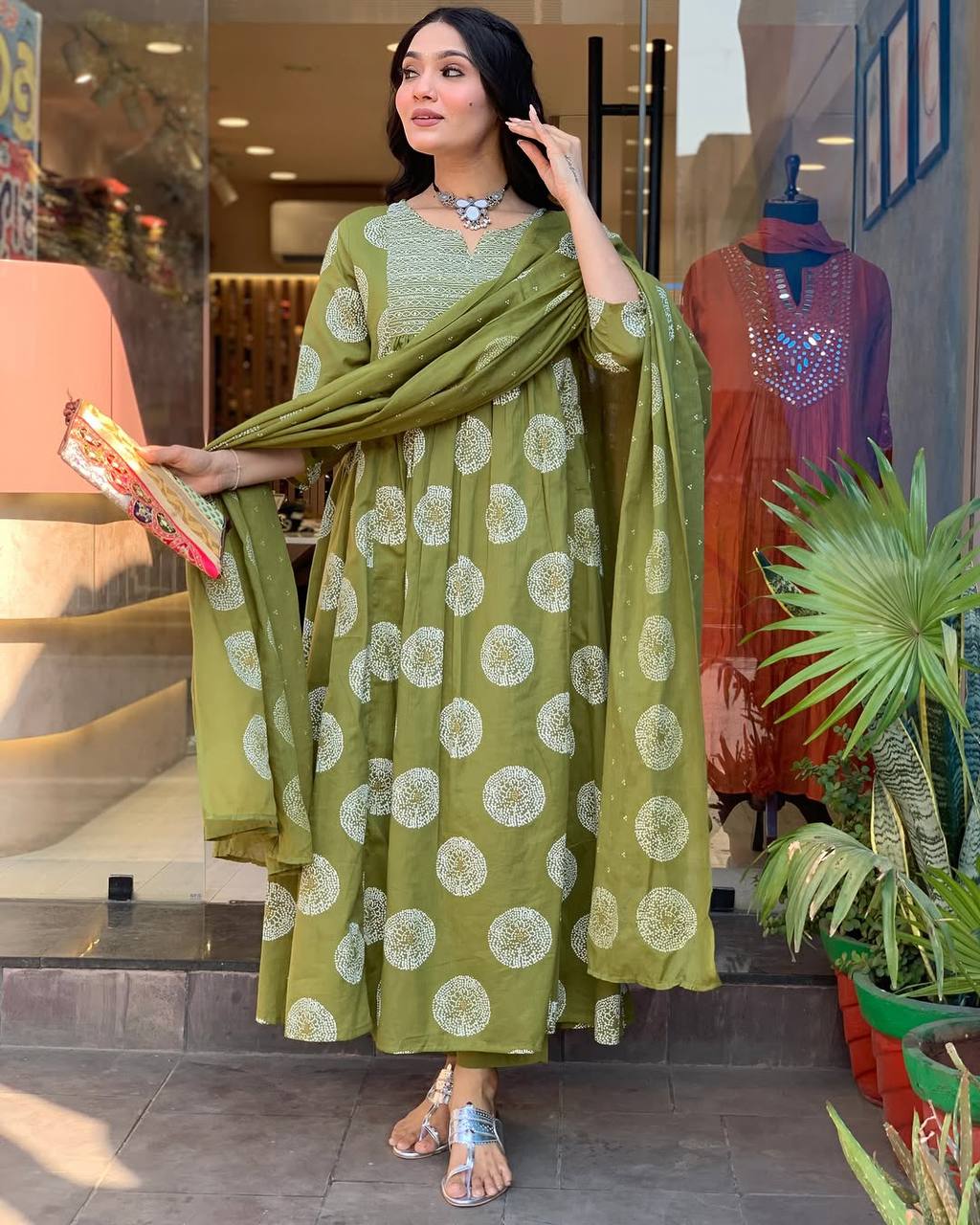 Women’s Green Ethnic Rayon Kurta Set with Embroidery & Printed Cotton Dupatta