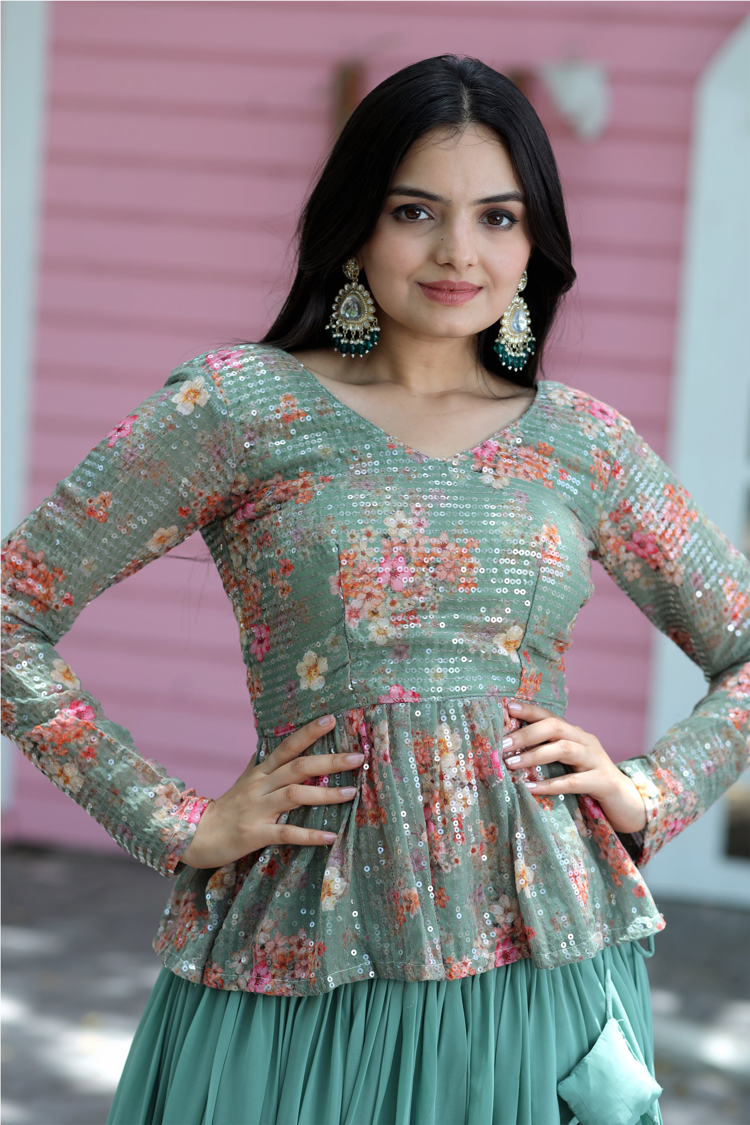 Stylish Faux Georgette Teal Lehenga with Floral Embroidered Peplum Blouse – Full Stitched Set (Adjustable Size 38"–44") | 5.5 Mtr Flair