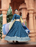 Mayra Silk Embroidered Blue Lehenga Choli Set with Digital Printed Maslin Dupatta | Full-Stitched Lehenga