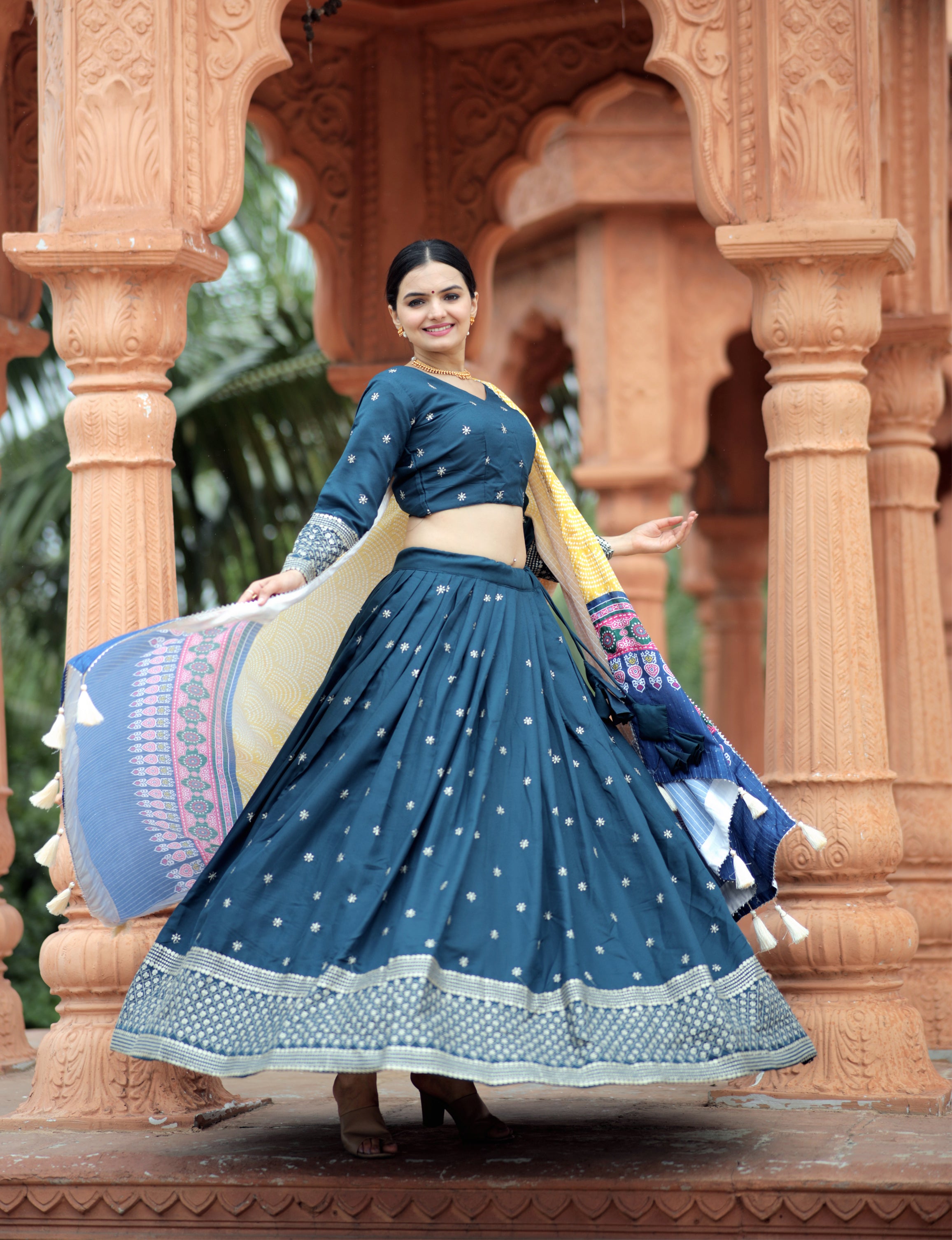 Mayra Silk Embroidered Blue Lehenga Choli Set with Digital Printed Maslin Dupatta | Full-Stitched Lehenga