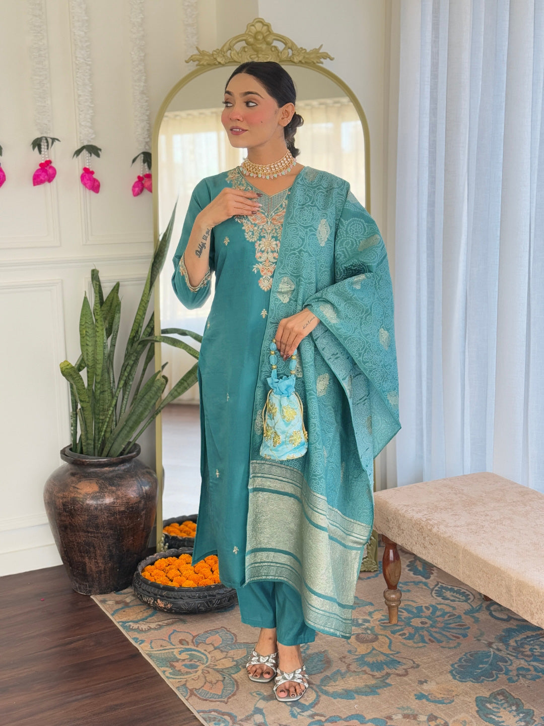 Women’s Teal Pure Viscose Chanderi Kurta Set with Sequin Embroidery Work