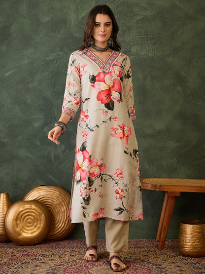 Cream Floral Printed Kurta Set with Dupatta