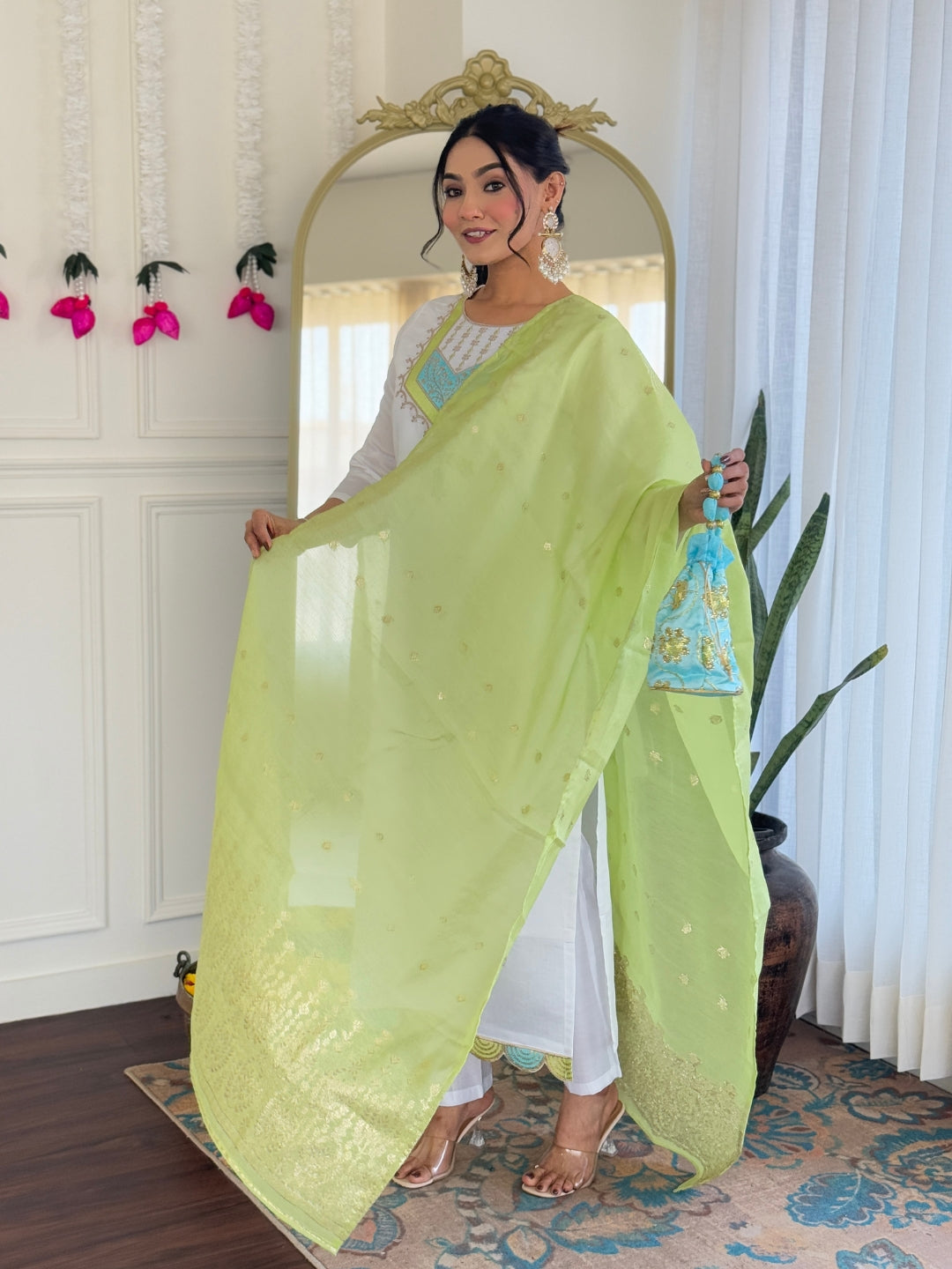 Women’s White Pure Viscose Chanderi Kurta Set with Sequin & Coding Embroidery