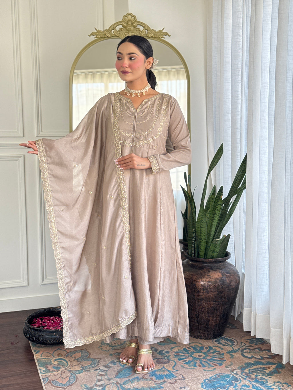 Women’s Cream Vichitra Silk Kurta Set with Sequin & Coding Embroidery Work