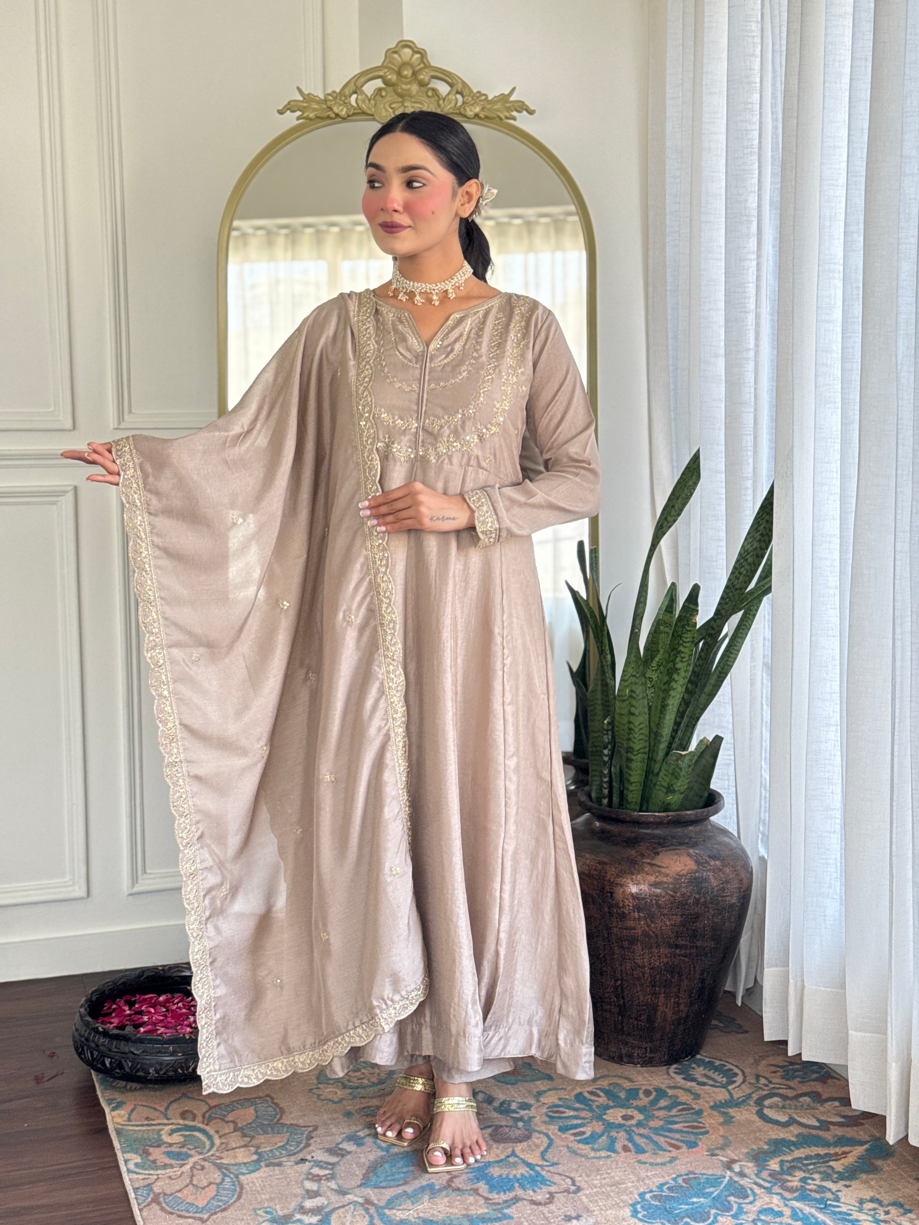 Women’s Cream Vichitra Silk Kurta Set with Sequin & Coding Embroidery Work