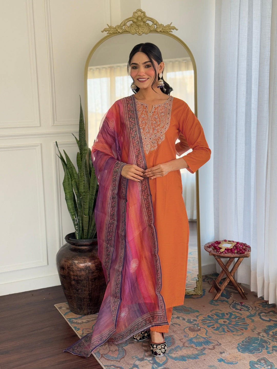 Bright Orange Embroidered Rayon Kurti Set with Taby Dupatta – Sizes S to 2XL