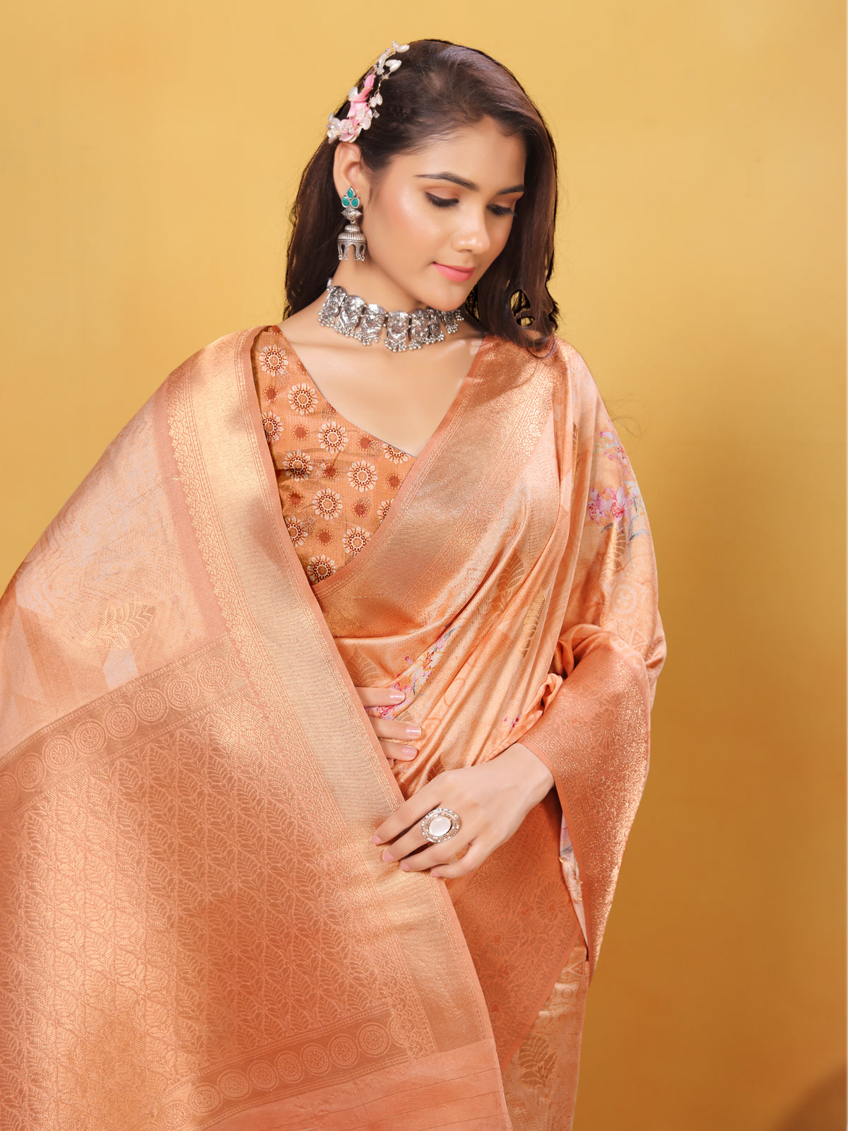 Silk Saree for Women – Elegant Peach Traditional Ethnic Wear