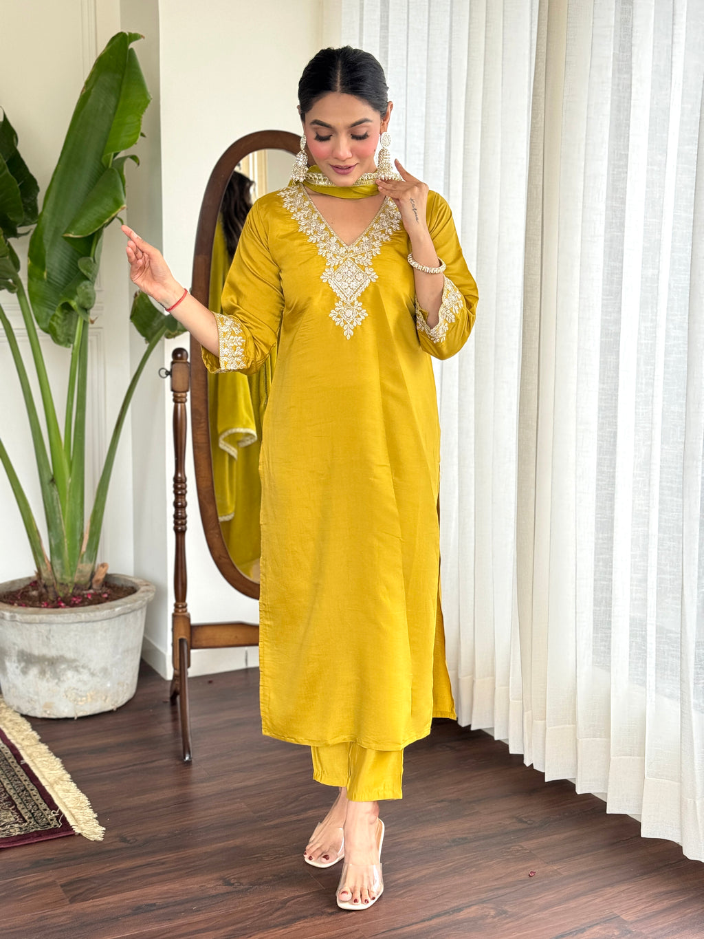 Women’s Yellow Pure Viscose Chanderi Silk Kurta Set with Sequin & Coding Embroidery
