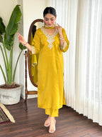 Women’s Yellow Pure Viscose Chanderi Silk Kurta Set with Sequin & Coding Embroidery