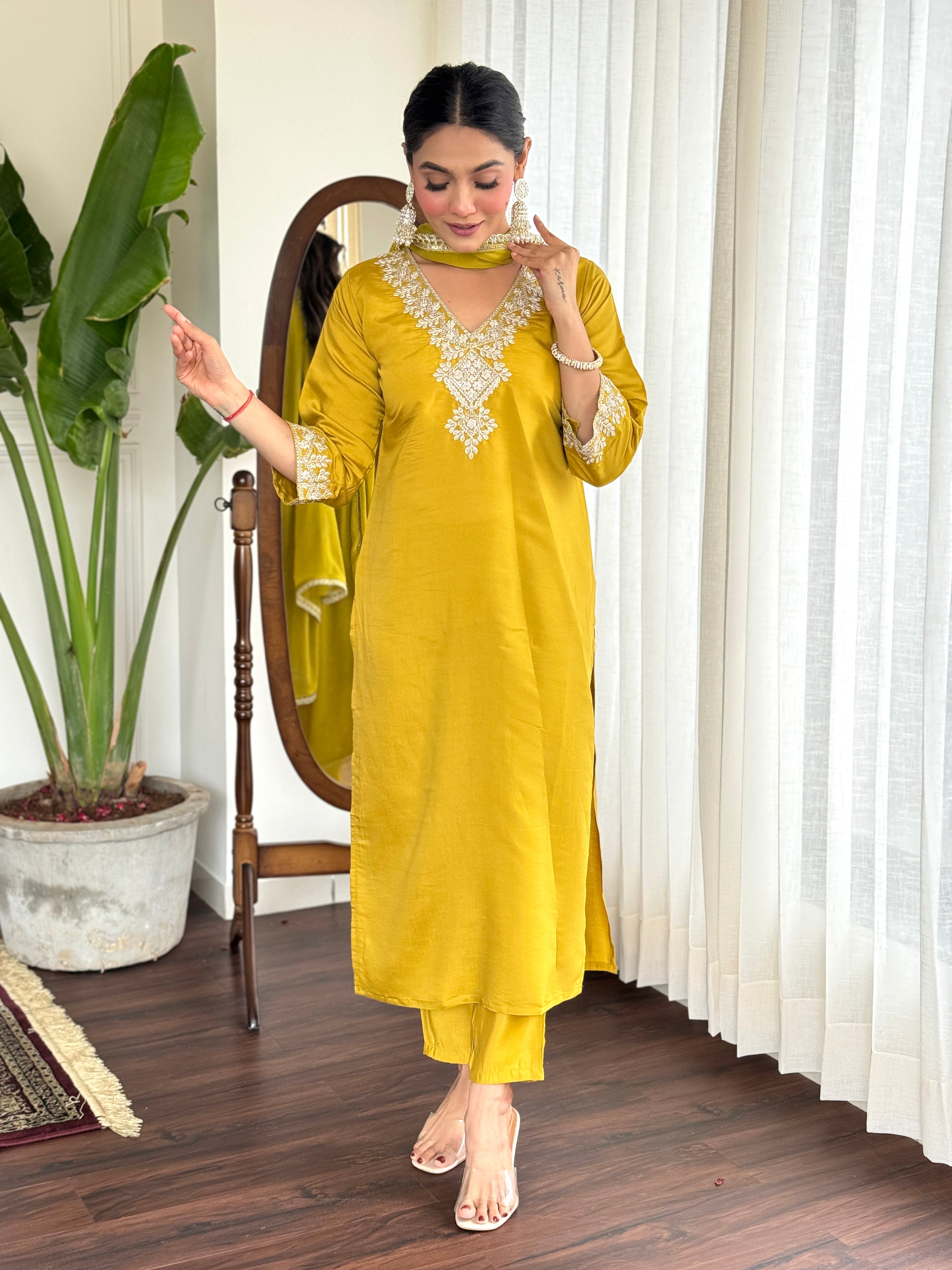 Women’s Yellow Pure Viscose Chanderi Silk Kurta Set with Sequin & Coding Embroidery