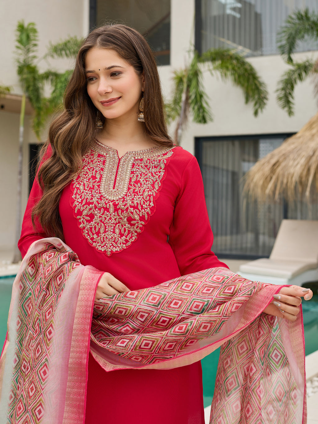 Stylish Red Embroidered Rayon Slub Kurti Set with Organza Dupatta – Sizes S to 2XL