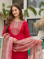 Stylish Red Embroidered Rayon Slub Kurti Set with Organza Dupatta – Sizes S to 2XL