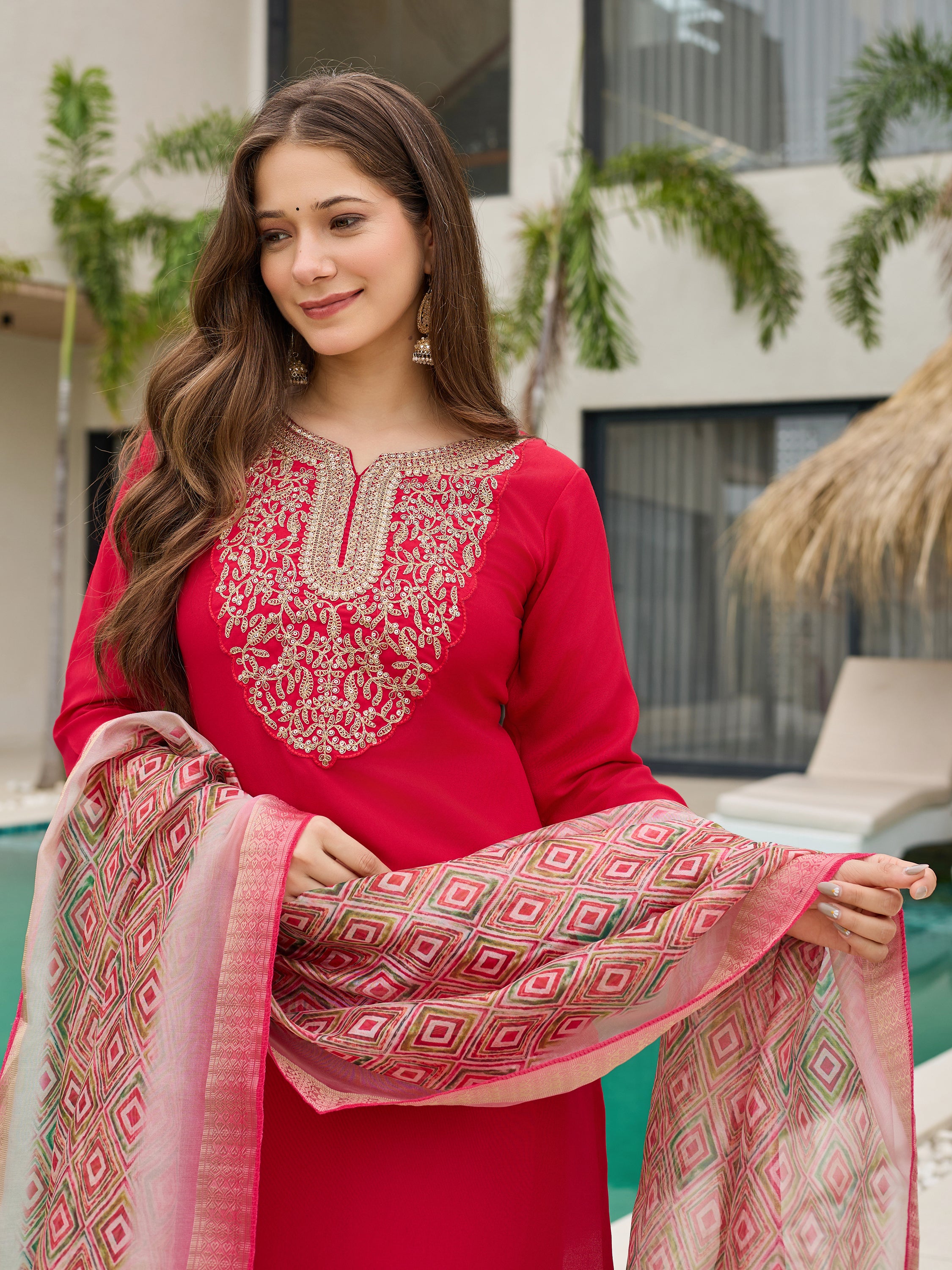 Stylish Red Embroidered Rayon Slub Kurti Set with Organza Dupatta – Sizes S to 2XL