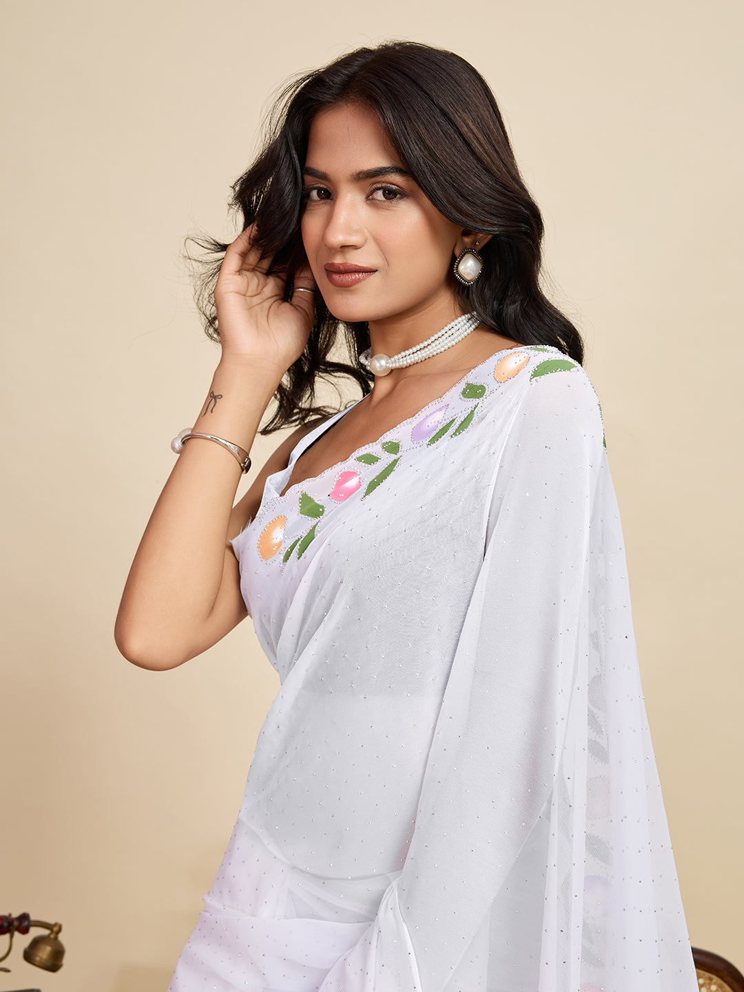 White Georgette Soft Saree with Floral Brush Print & Intricate Border – Elegant Pastel Saree for Festive & Daily Wear
