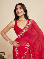 Red Georgette Soft Saree with Floral Brush Print & Intricate Border – Elegant Pastel Saree for Festive & Daily Wear
