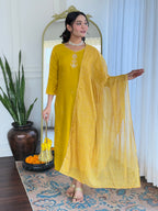 Elegant Yellow Embroidered Rayon Kurti Set with Dupatta – Sizes S to 2XL