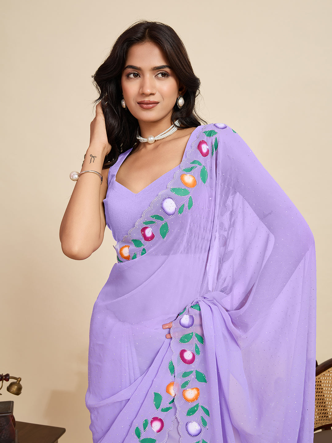 Lavender Georgette Soft Silk Saree with Floral Brush Print & Intricate Border – Elegant Pastel Saree for Festive & Daily Wear (Copy)