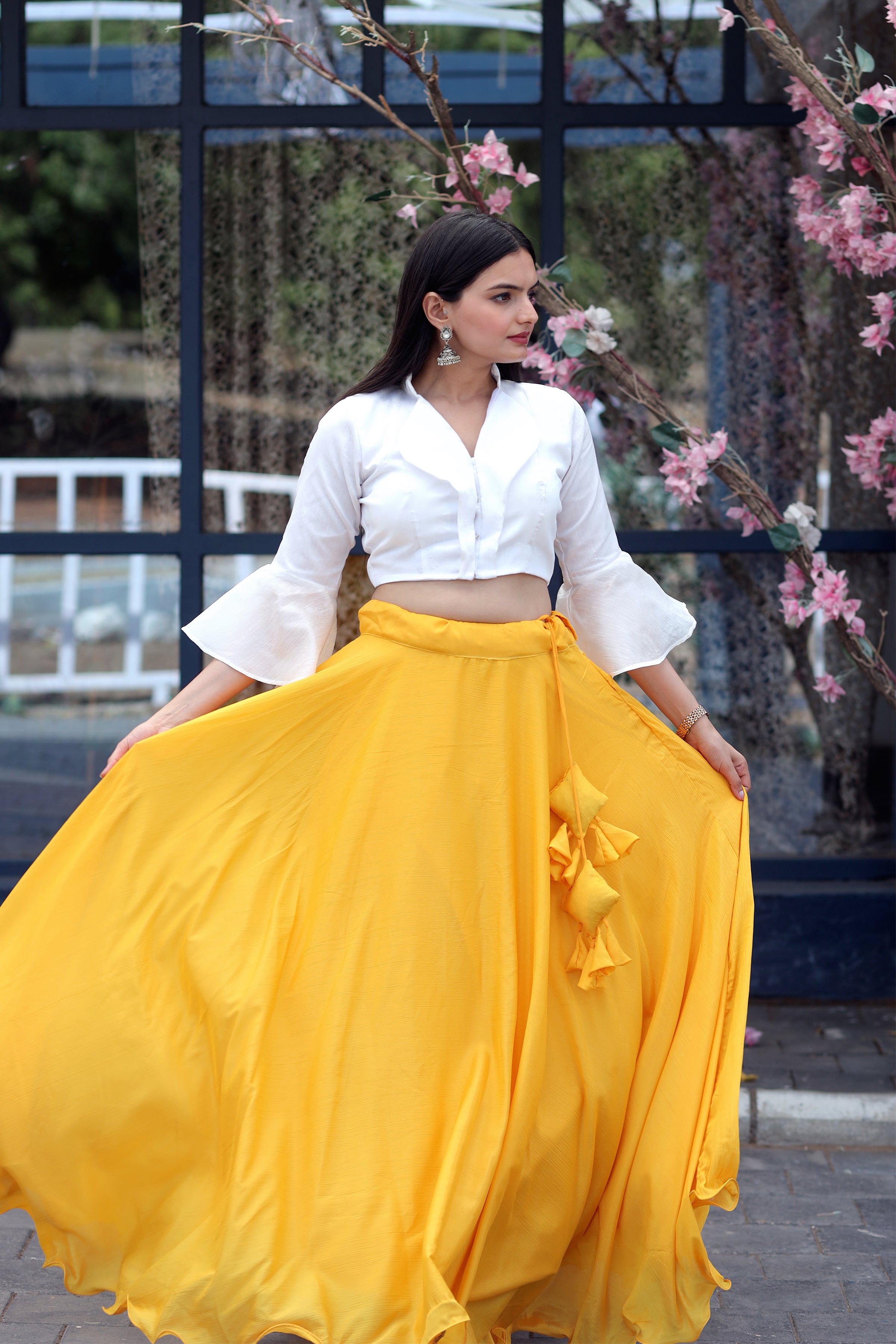 Heavy Chinnon Yellow  Lehenga with Designer Phantom Silk Blouse | Full-Stitched | 8.5 Mtr Flair