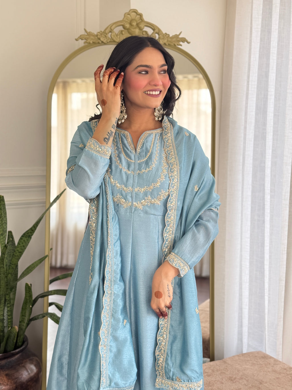 Women’s Sky Blue Vichitra Silk Kurta Set with Sequin & Coding Embroidery Work