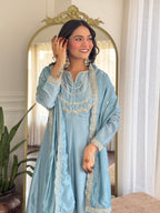 Women’s Sky Blue Vichitra Silk Kurta Set with Sequin & Coding Embroidery Work