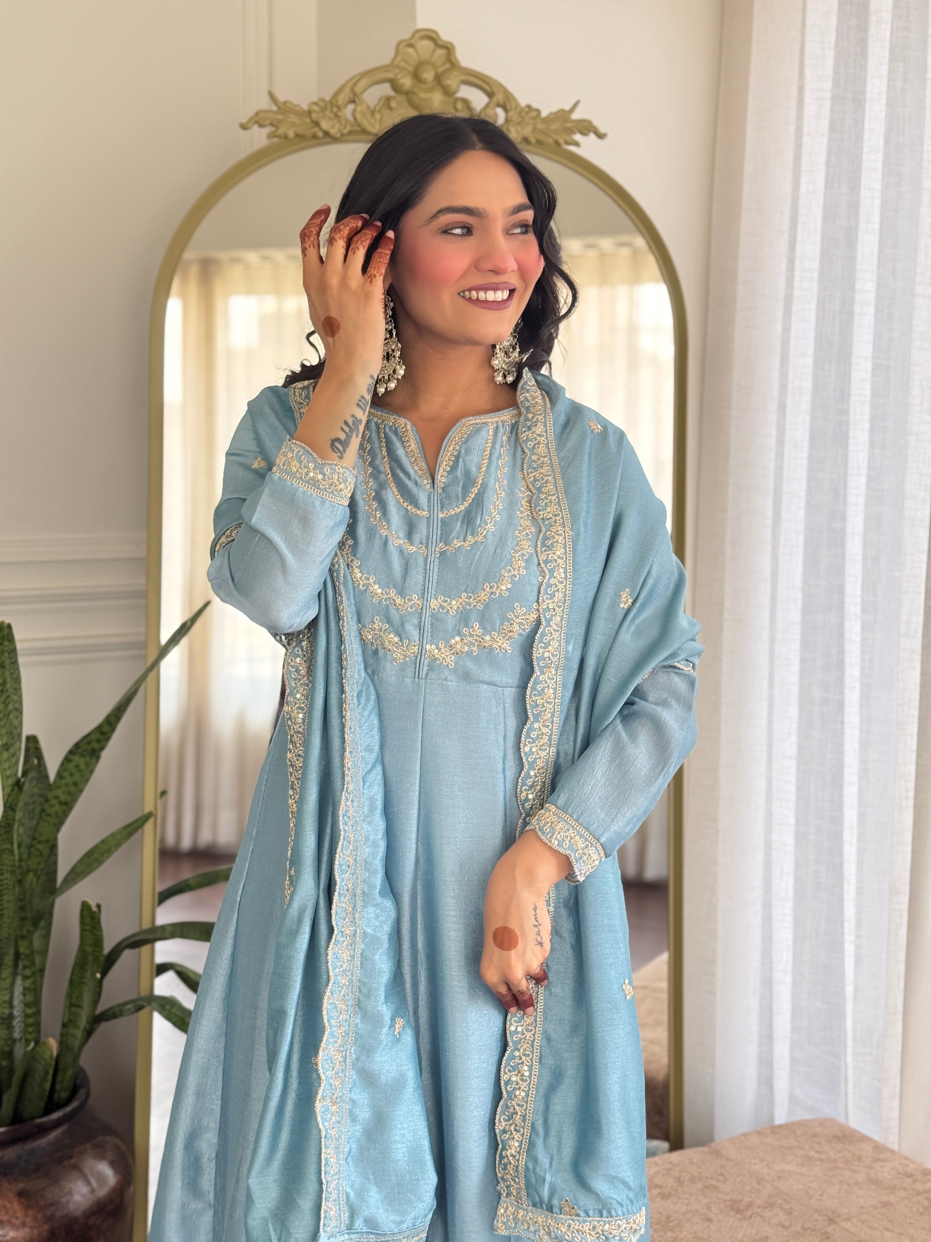 Women’s Sky Blue Vichitra Silk Kurta Set with Sequin & Coding Embroidery Work