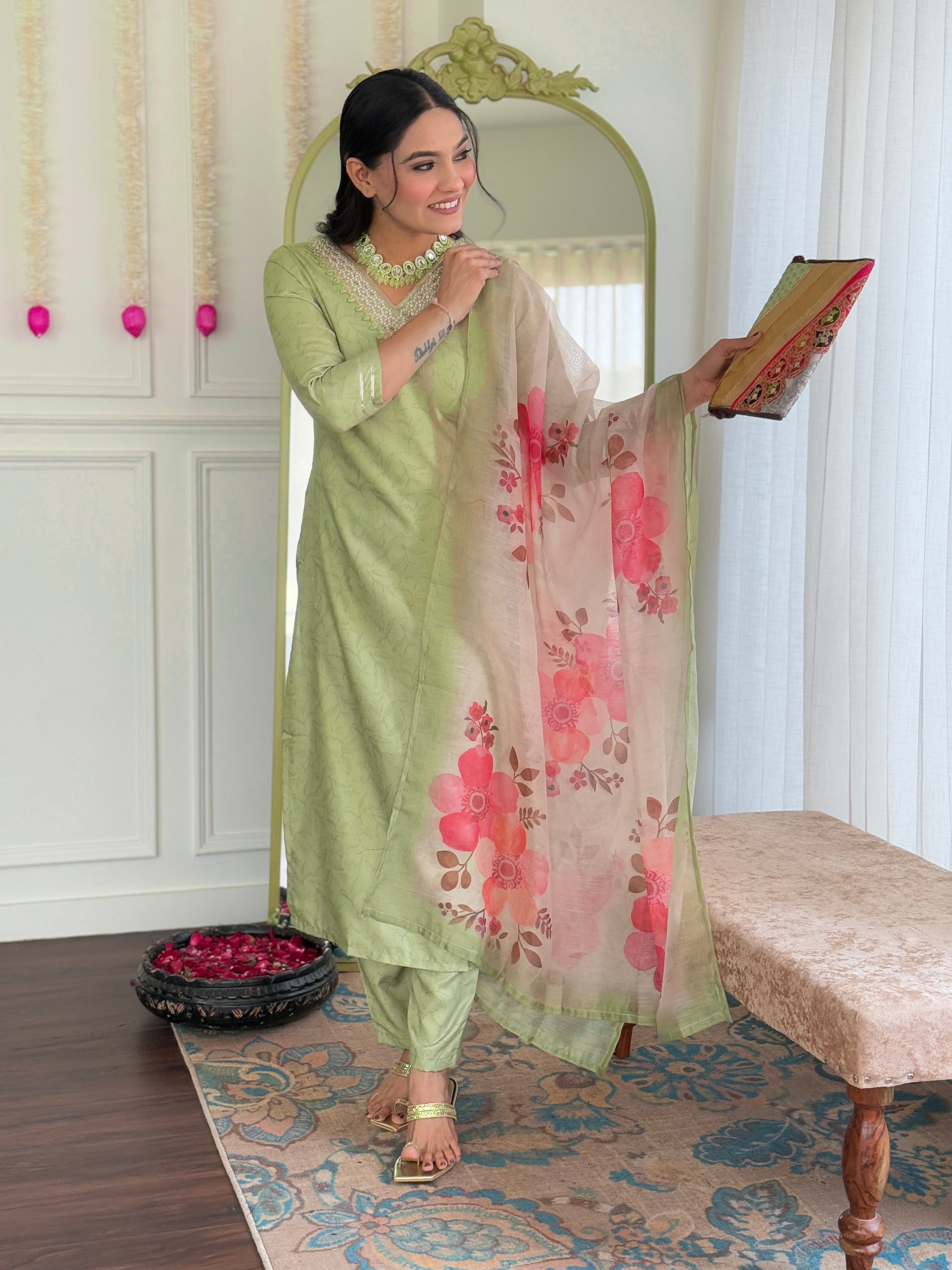 Pista Green Embroidered Rayon Kurti Set with Chanderi Dupatta – Sizes S to 2XL